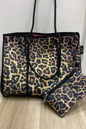 neoprene tote cheetah   black leather w/ hot pink inside lining