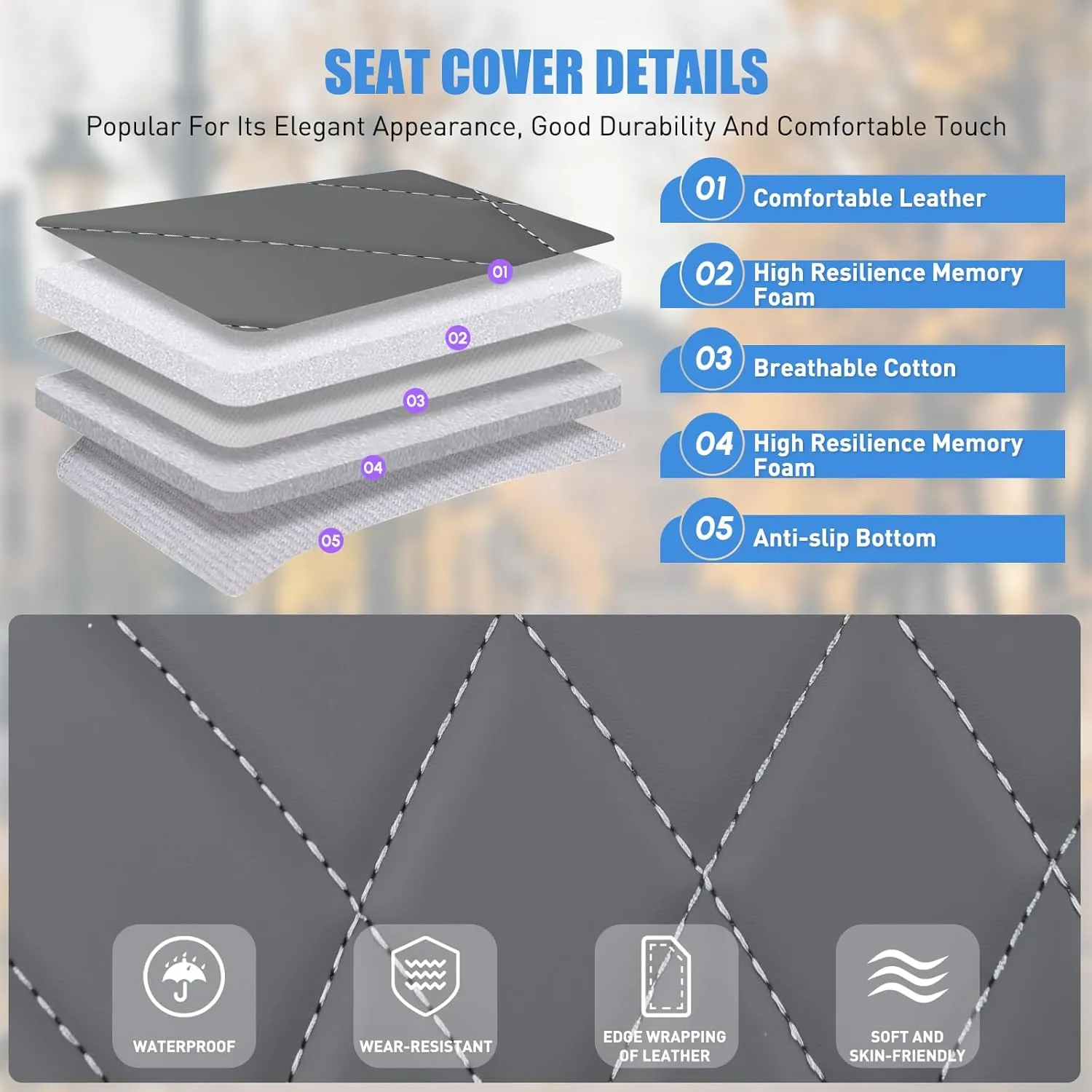 Nilight Car Seat Cushion Cover Gray Geometric Embroidered Leather Front Seats Waterproof Anti-Slip Comes with Storage Bag Wraps Bottom Fits Cars Sedan Van SUV Truck