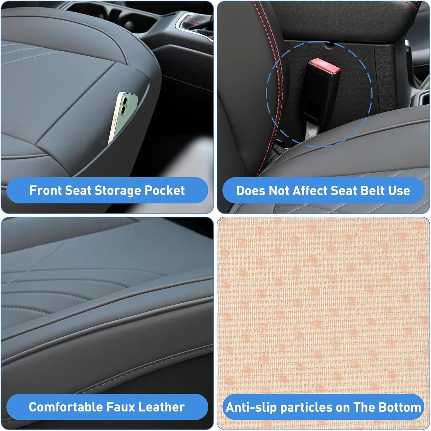Nilight Car Seat Cushion Cover Gray Geometric Embroidered Leather Front Seats Waterproof Anti-Slip Comes with Storage Bag Wraps Bottom Fits Cars Sedan Van SUV Truck