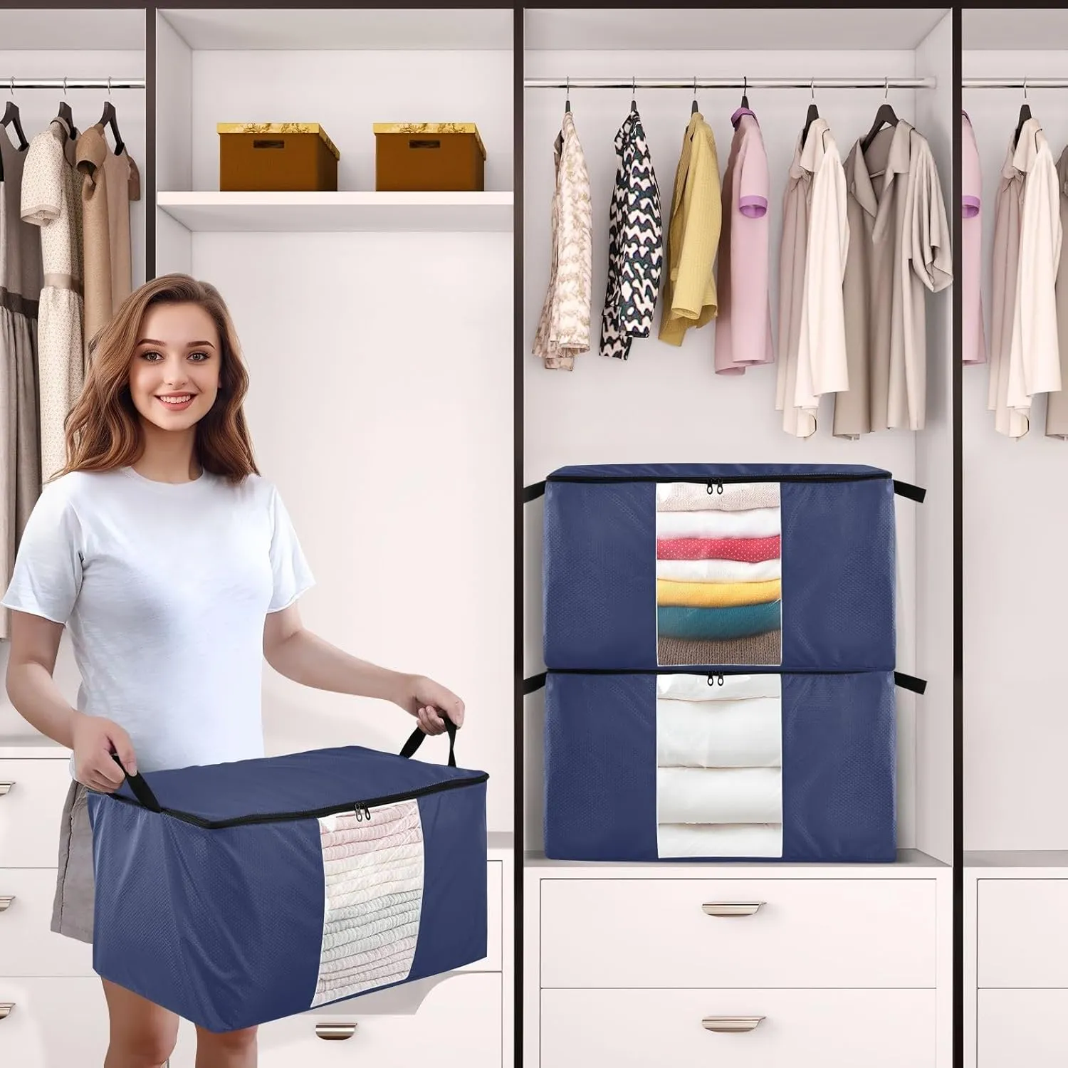 Noble Blue Closet Containers for Organizing, Blanket Storage Bags with Zipper, Medium Storage Bags
