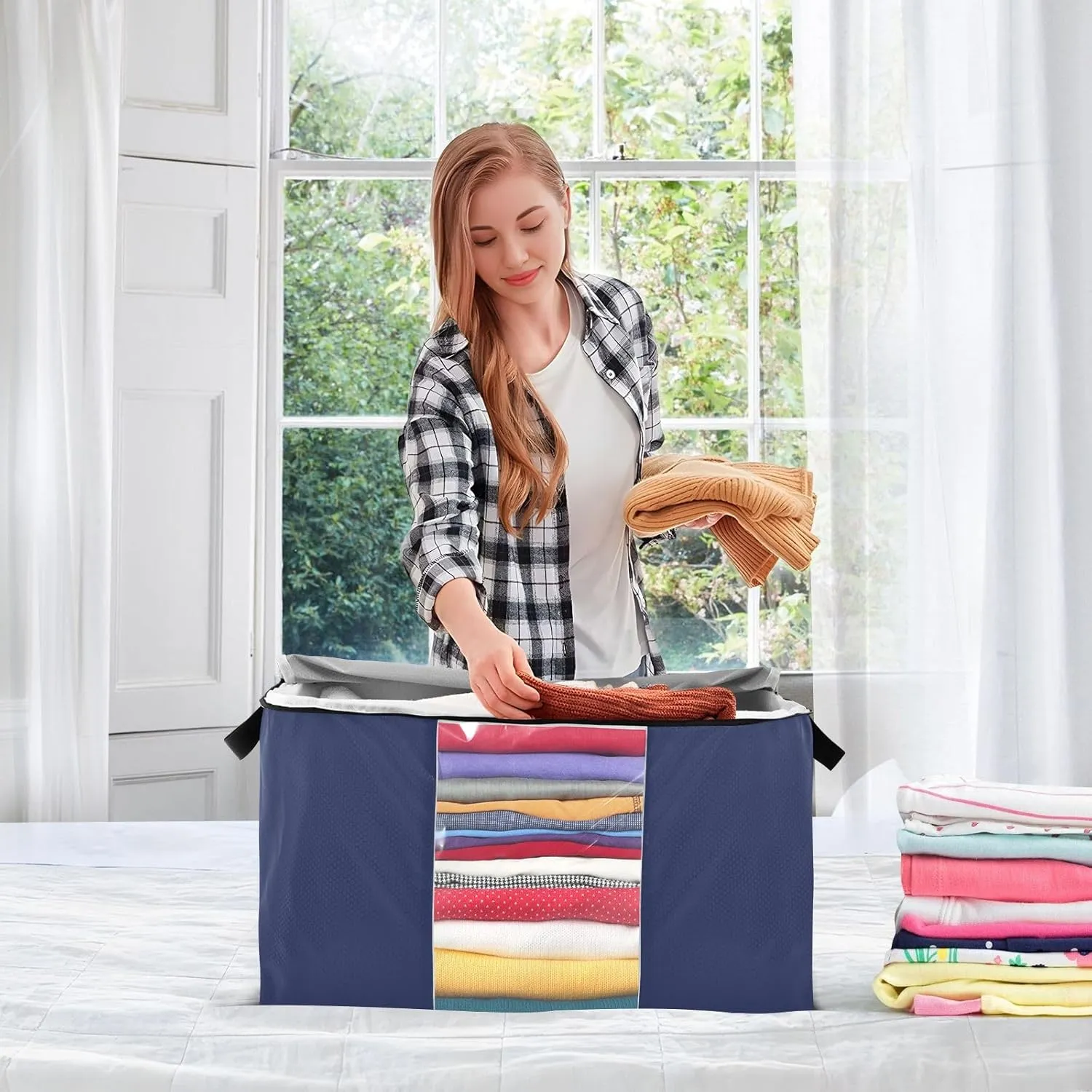 Noble Blue Closet Containers for Organizing, Blanket Storage Bags with Zipper, Medium Storage Bags