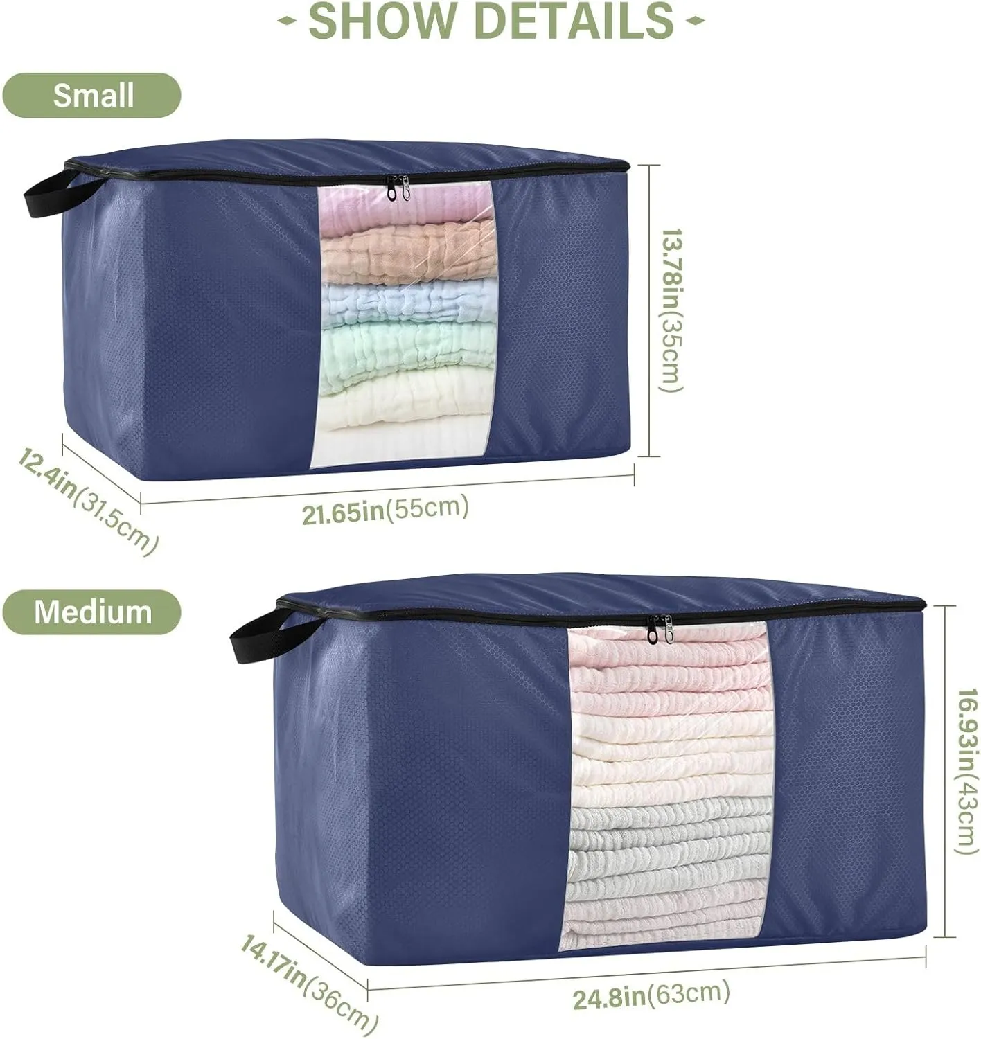Noble Blue Closet Containers for Organizing, Blanket Storage Bags with Zipper, Medium Storage Bags