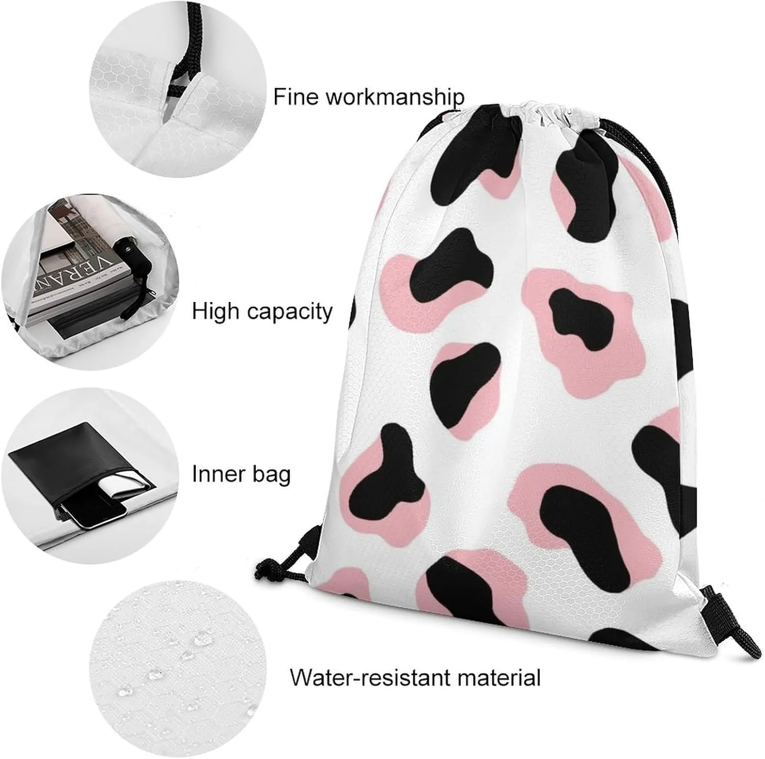 Novelty Drawstring Bag -Cute Pink Cow Print, Adults Women Men Lightweight Portable Draw String Bag Backpack with Strap, Large Capacity Tote Bags