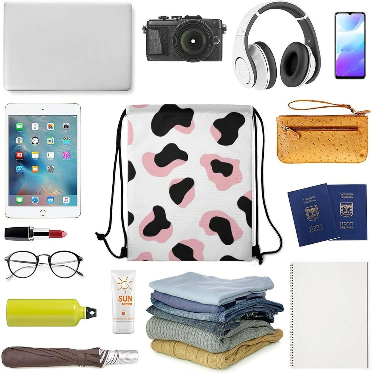 Novelty Drawstring Bag -Cute Pink Cow Print, Adults Women Men Lightweight Portable Draw String Bag Backpack with Strap, Large Capacity Tote Bags