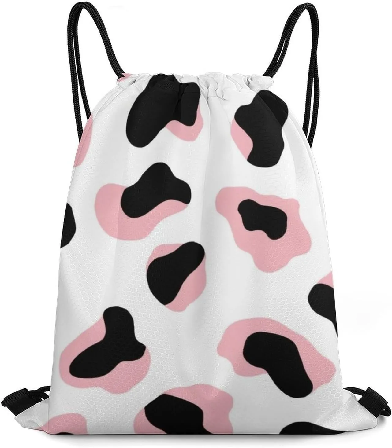 Novelty Drawstring Bag -Cute Pink Cow Print, Adults Women Men Lightweight Portable Draw String Bag Backpack with Strap, Large Capacity Tote Bags