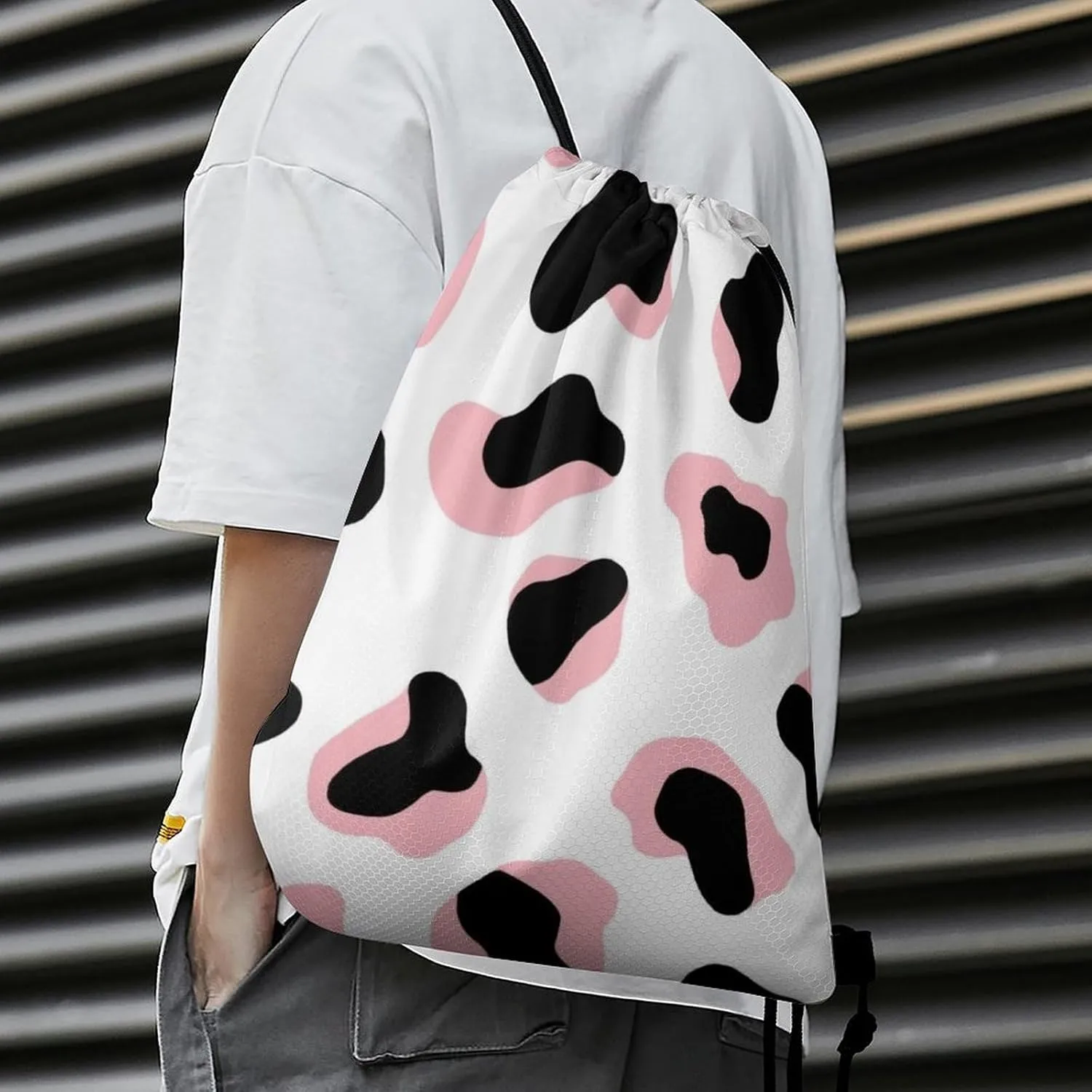 Novelty Drawstring Bag -Cute Pink Cow Print, Adults Women Men Lightweight Portable Draw String Bag Backpack with Strap, Large Capacity Tote Bags