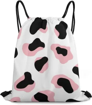Novelty Drawstring Bag -Cute Pink Cow Print, Adults Women Men Lightweight Portable Draw String Bag Backpack with Strap, Large Capacity Tote Bags