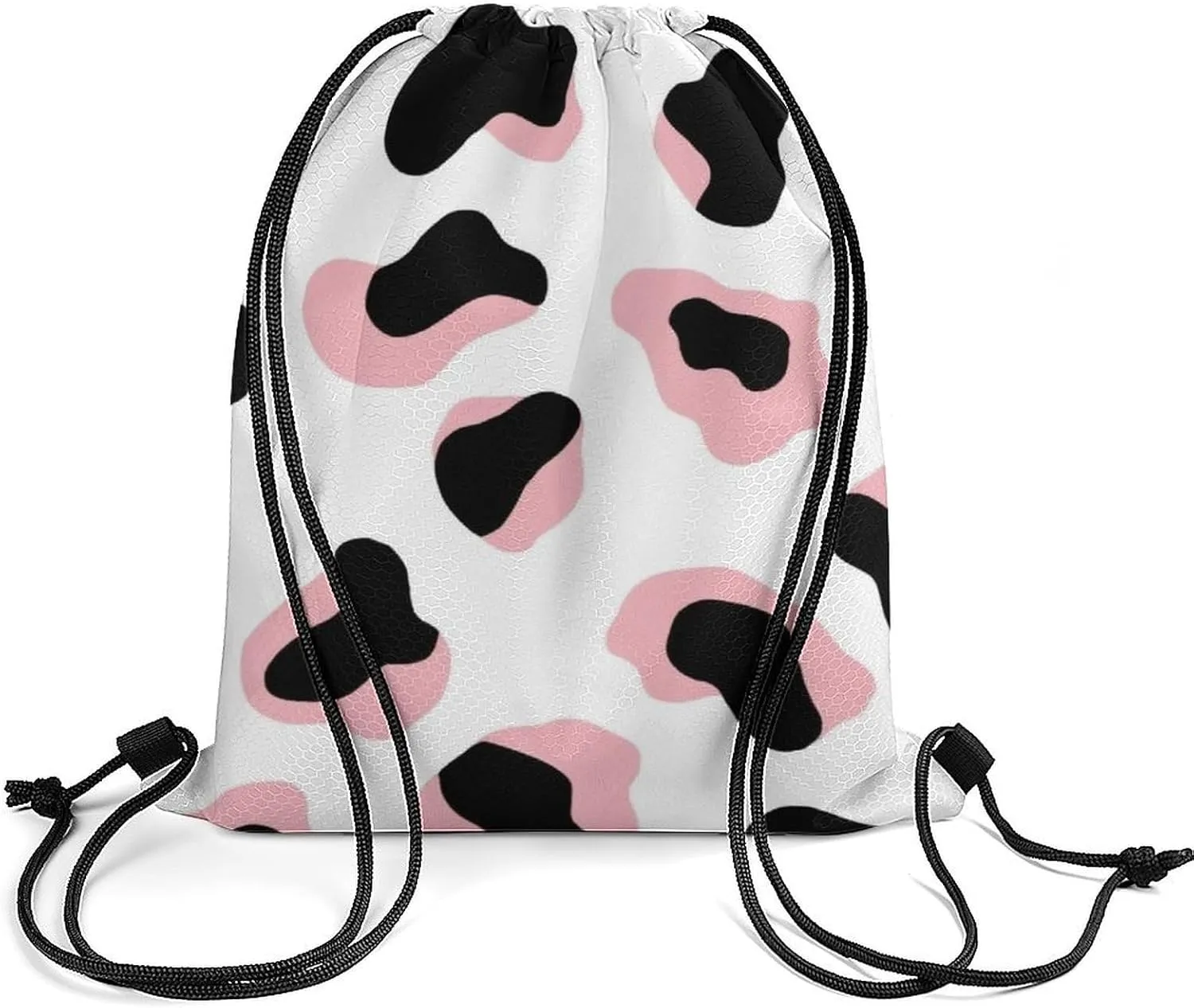 Novelty Drawstring Bag -Cute Pink Cow Print, Adults Women Men Lightweight Portable Draw String Bag Backpack with Strap, Large Capacity Tote Bags