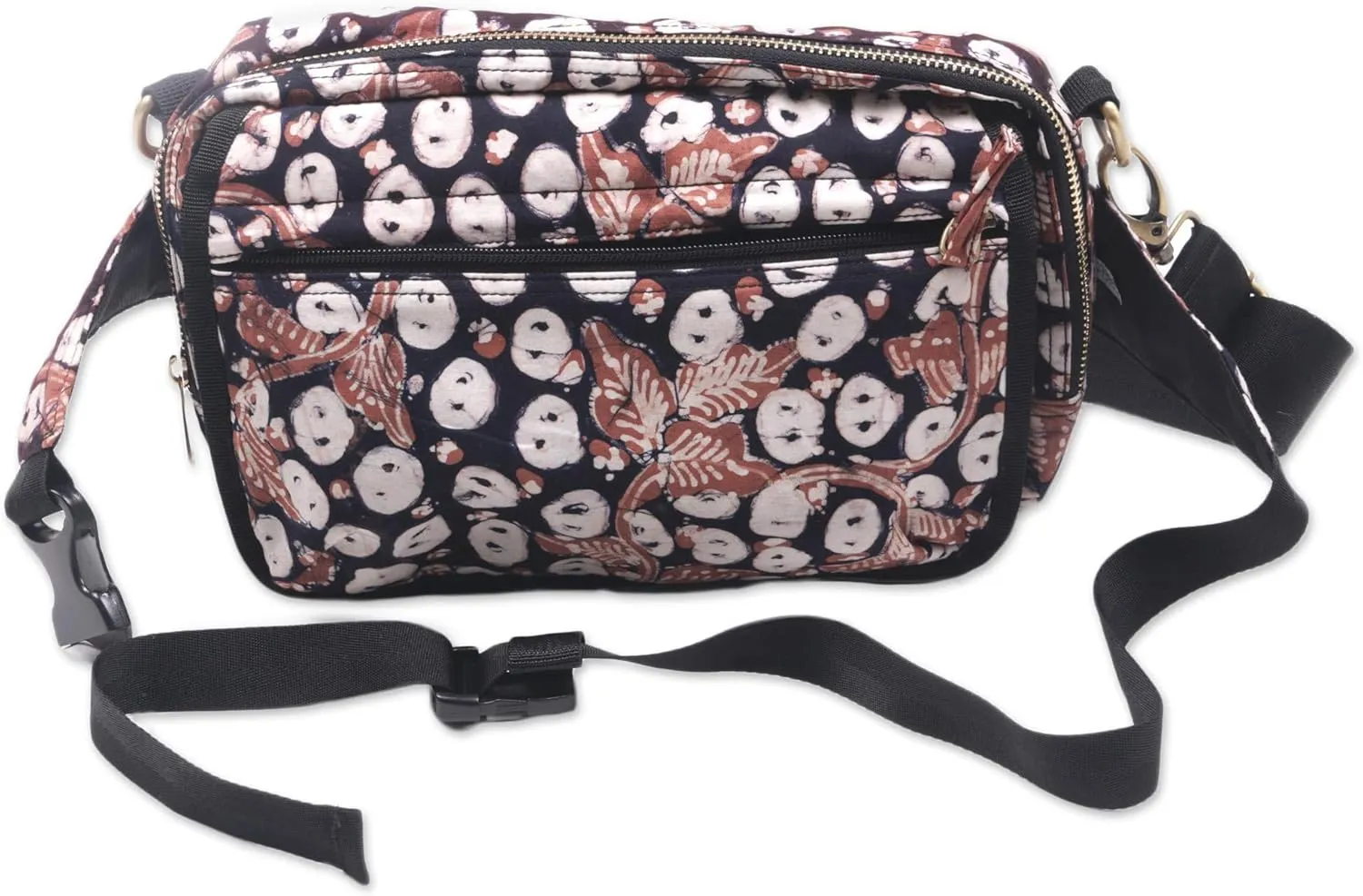 NOVICA Artisan Handmade Cotton Batik Shoulder Bag Waist Pack with Pattern Handbags Black Brown White Patterned Indonesia ' Copper Stalk'