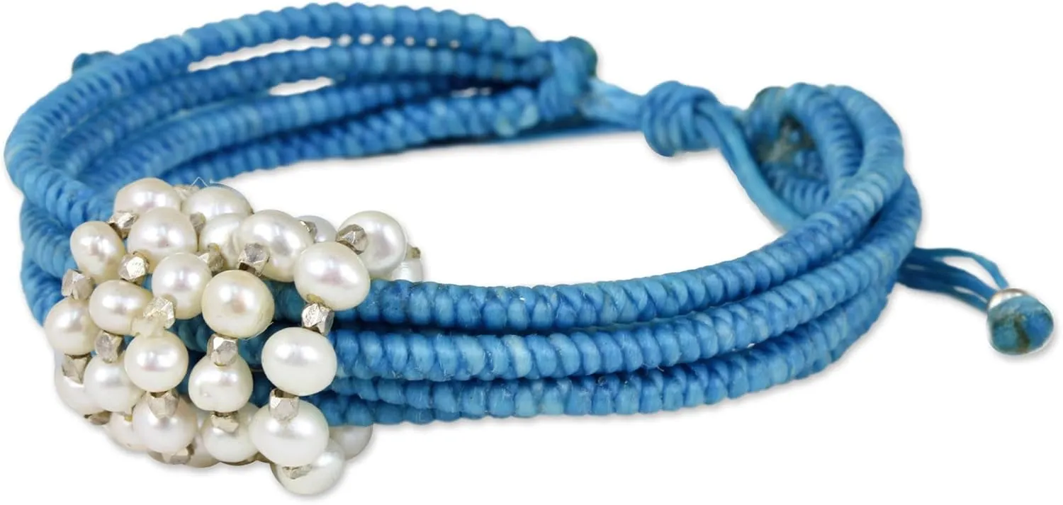 NOVICA Artisan Handmade Cultured Pearl Wristband Bracelet Sky Blue Cord with Pearls from Thailand Sterling Silver White Birthstone [6.75 in min L x 9 in max L 15 mm W Beaded Section 0.6 in L x 0.8 I]