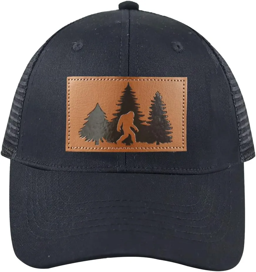 OASCUVER Bigfoot Leather Trucker Hat, Embroidered Adjustable Wash Cotton Wild Big Foot Sasquatch Mesh Snapback Baseball Cap