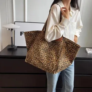 OCUH Oversized Leopard Prints Shoulder Bags for Women Deformable Canvas Large Capacity Shopping Totes (Brown,34 * 60 * 19 cm)