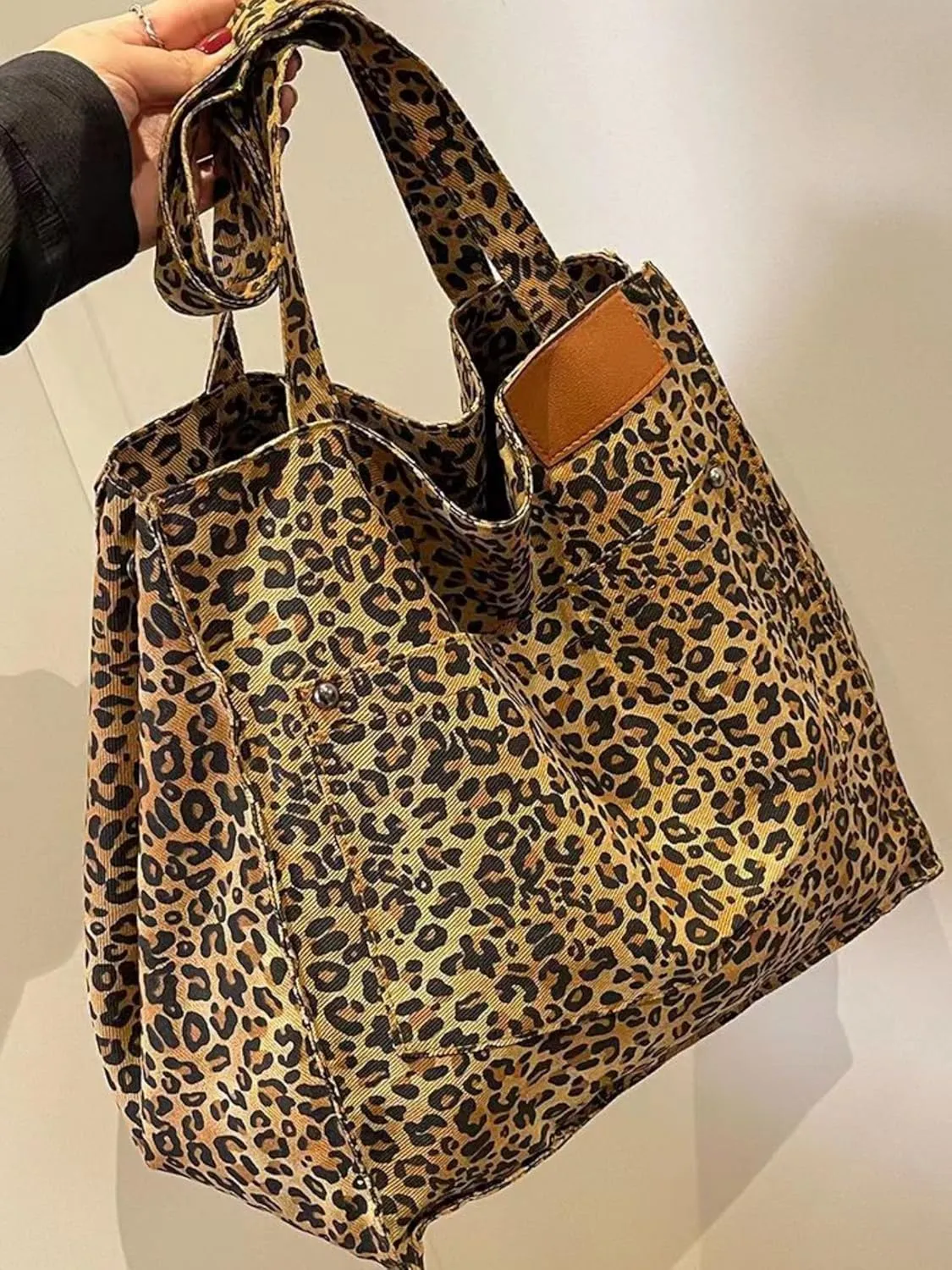 OCUH Oversized Leopard Prints Shoulder Bags for Women Deformable Canvas Large Capacity Shopping Totes (Brown,34 * 60 * 19 cm)