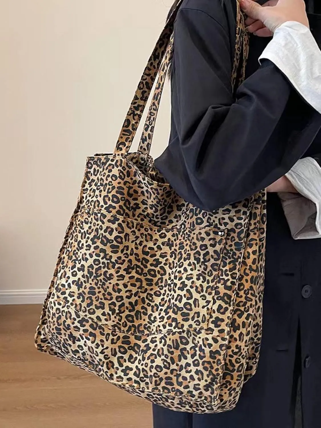 OCUH Oversized Leopard Prints Shoulder Bags for Women Deformable Canvas Large Capacity Shopping Totes (Brown,34 * 60 * 19 cm)
