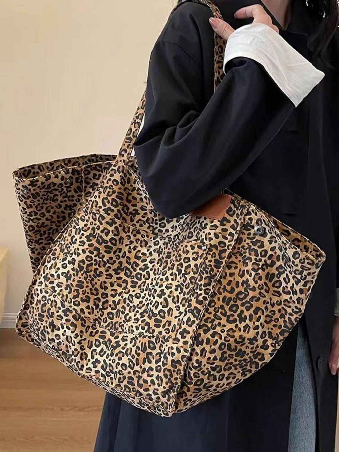 OCUH Oversized Leopard Prints Shoulder Bags for Women Deformable Canvas Large Capacity Shopping Totes (Brown,34 * 60 * 19 cm)