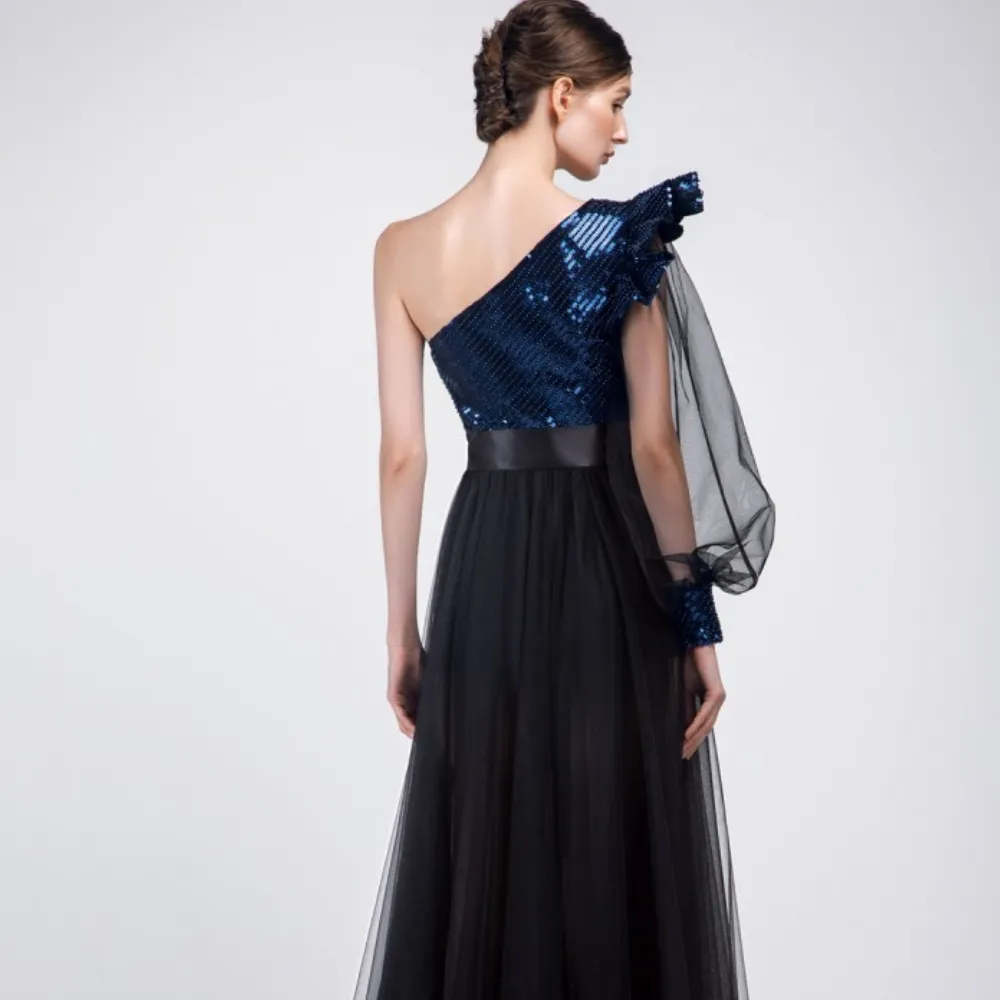 One-Shoulder Dress With Beaded Royal Blue