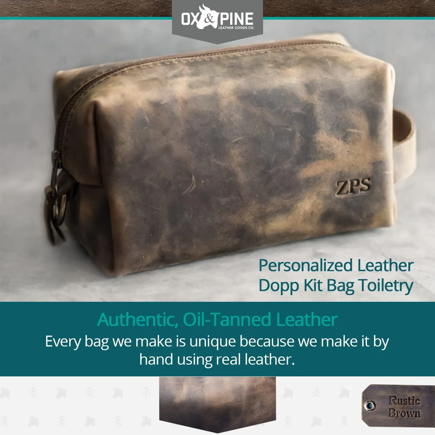 Ox & Pine Personalized Leather Dopp Kit Bag Toiletry (Rustic Brown, Dark Brown, Saddle Tan, Rustic Grey, or Black) (Large, Dark Brown)