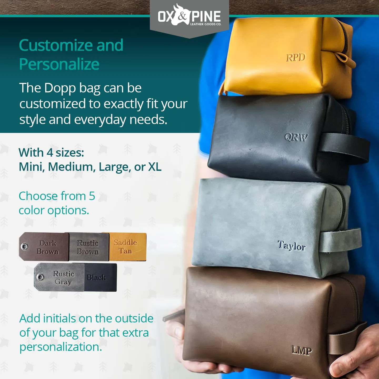 Ox & Pine Personalized Leather Dopp Kit Bag Toiletry (Rustic Brown, Dark Brown, Saddle Tan, Rustic Grey, or Black) (Large, Dark Brown)