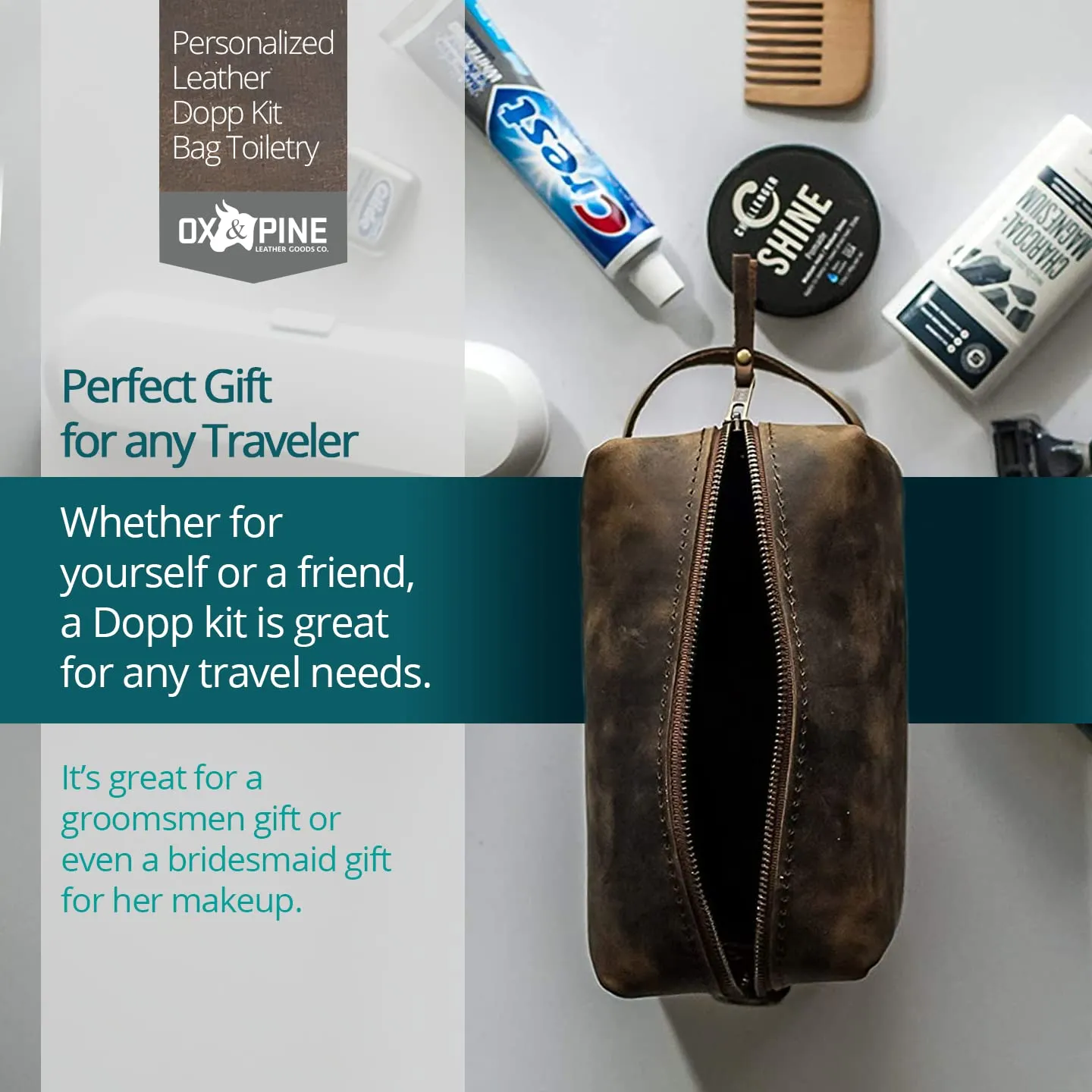 Ox & Pine Personalized Leather Dopp Kit Bag Toiletry (Rustic Brown, Dark Brown, Saddle Tan, Rustic Grey, or Black) (X-Large, Dark Brown)