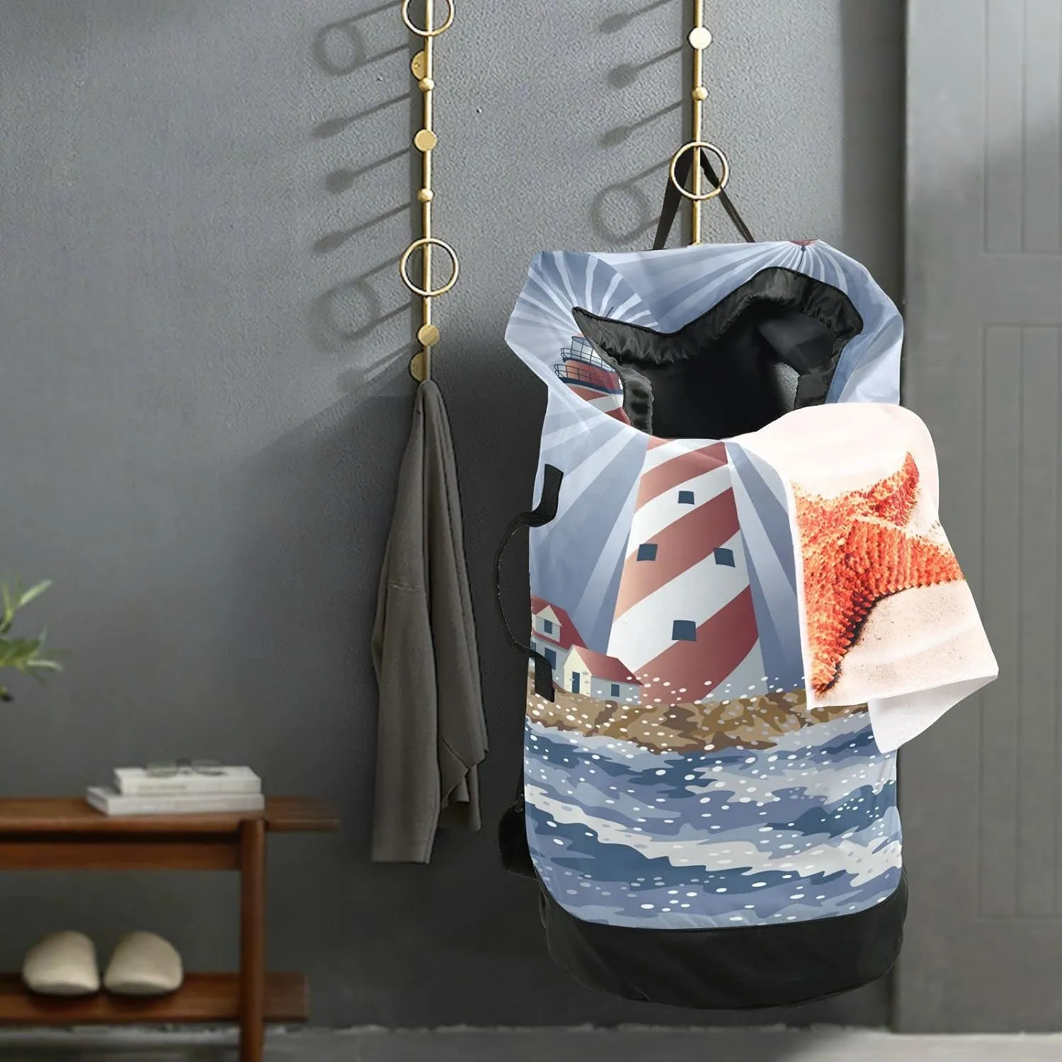 Oyihfvs A Candy Cane Lighthouse Illuminating The Night Ocean Backpack Laundry Bag, Laundry Backpack with Shoulder Straps, Waterproof Nylon Clothes Hamper Bag for Men Women Yoga Backpack