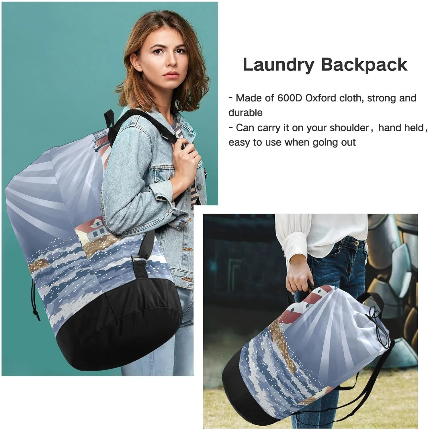 Oyihfvs A Candy Cane Lighthouse Illuminating The Night Ocean Backpack Laundry Bag, Laundry Backpack with Shoulder Straps, Waterproof Nylon Clothes Hamper Bag for Men Women Yoga Backpack
