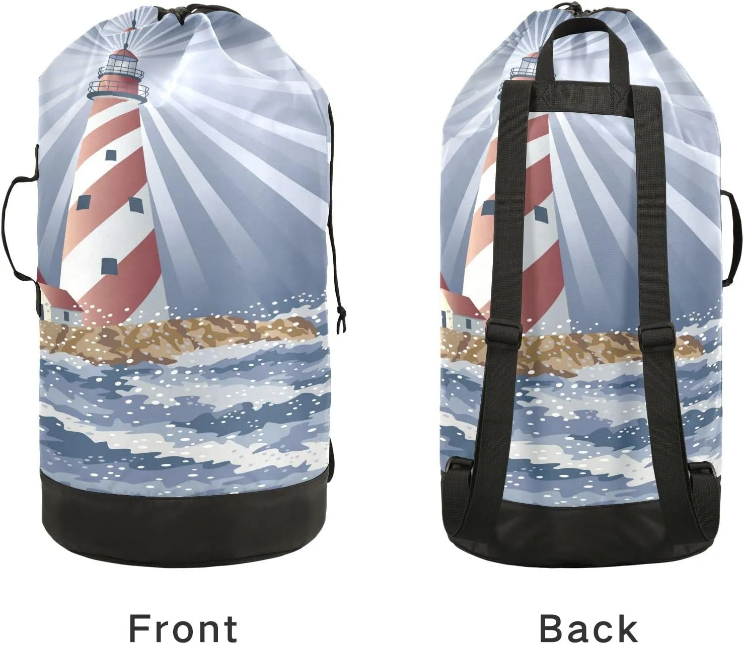 Oyihfvs A Candy Cane Lighthouse Illuminating The Night Ocean Backpack Laundry Bag, Laundry Backpack with Shoulder Straps, Waterproof Nylon Clothes Hamper Bag for Men Women Yoga Backpack