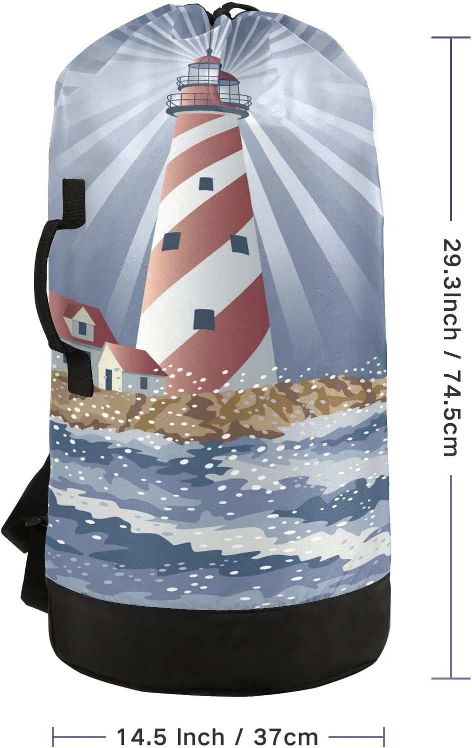 Oyihfvs A Candy Cane Lighthouse Illuminating The Night Ocean Backpack Laundry Bag, Laundry Backpack with Shoulder Straps, Waterproof Nylon Clothes Hamper Bag for Men Women Yoga Backpack