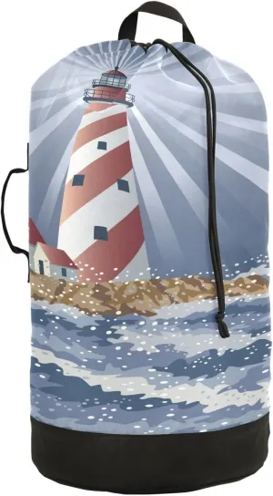 Oyihfvs A Candy Cane Lighthouse Illuminating The Night Ocean Backpack Laundry Bag, Laundry Backpack with Shoulder Straps, Waterproof Nylon Clothes Hamper Bag for Men Women Yoga Backpack