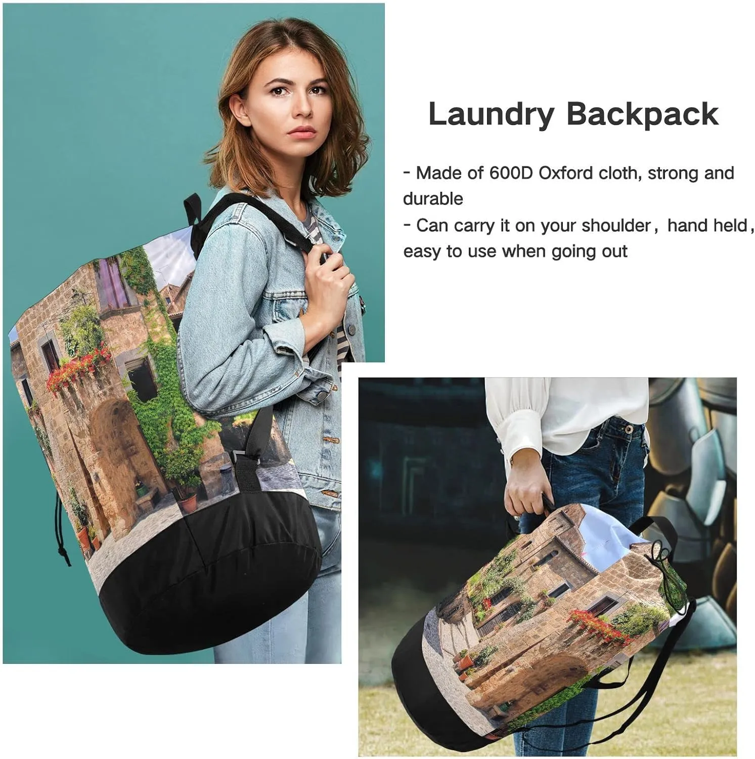 Oyihfvs A Picturesque Corner of a Quaint Town in Italy Backpack Laundry Bag, Laundry Backpack with Shoulder Straps, Waterproof Nylon Clothes Hamper Bag for Men Women Yoga Backpack