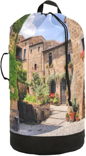 Oyihfvs A Picturesque Corner of a Quaint Town in Italy Backpack Laundry Bag, Laundry Backpack with Shoulder Straps, Waterproof Nylon Clothes Hamper Bag for Men Women Yoga Backpack