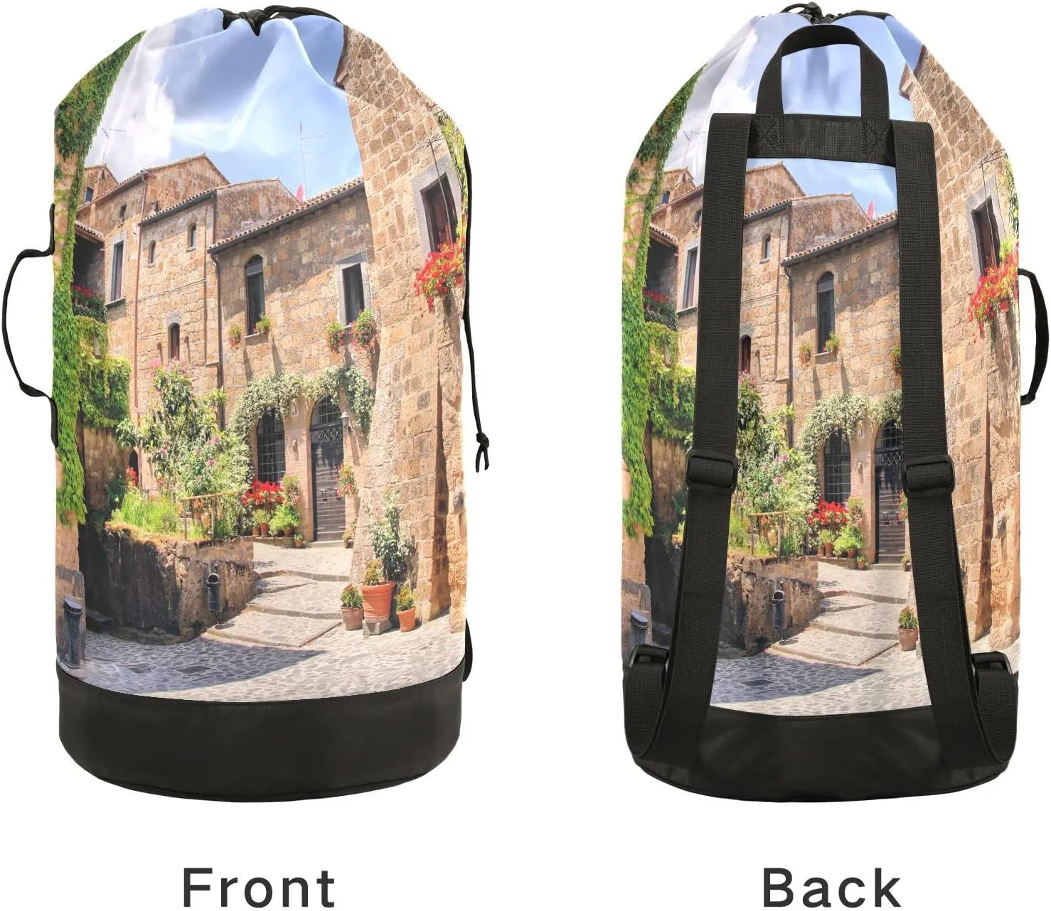 Oyihfvs A Picturesque Corner of a Quaint Town in Italy Backpack Laundry Bag, Laundry Backpack with Shoulder Straps, Waterproof Nylon Clothes Hamper Bag for Men Women Yoga Backpack