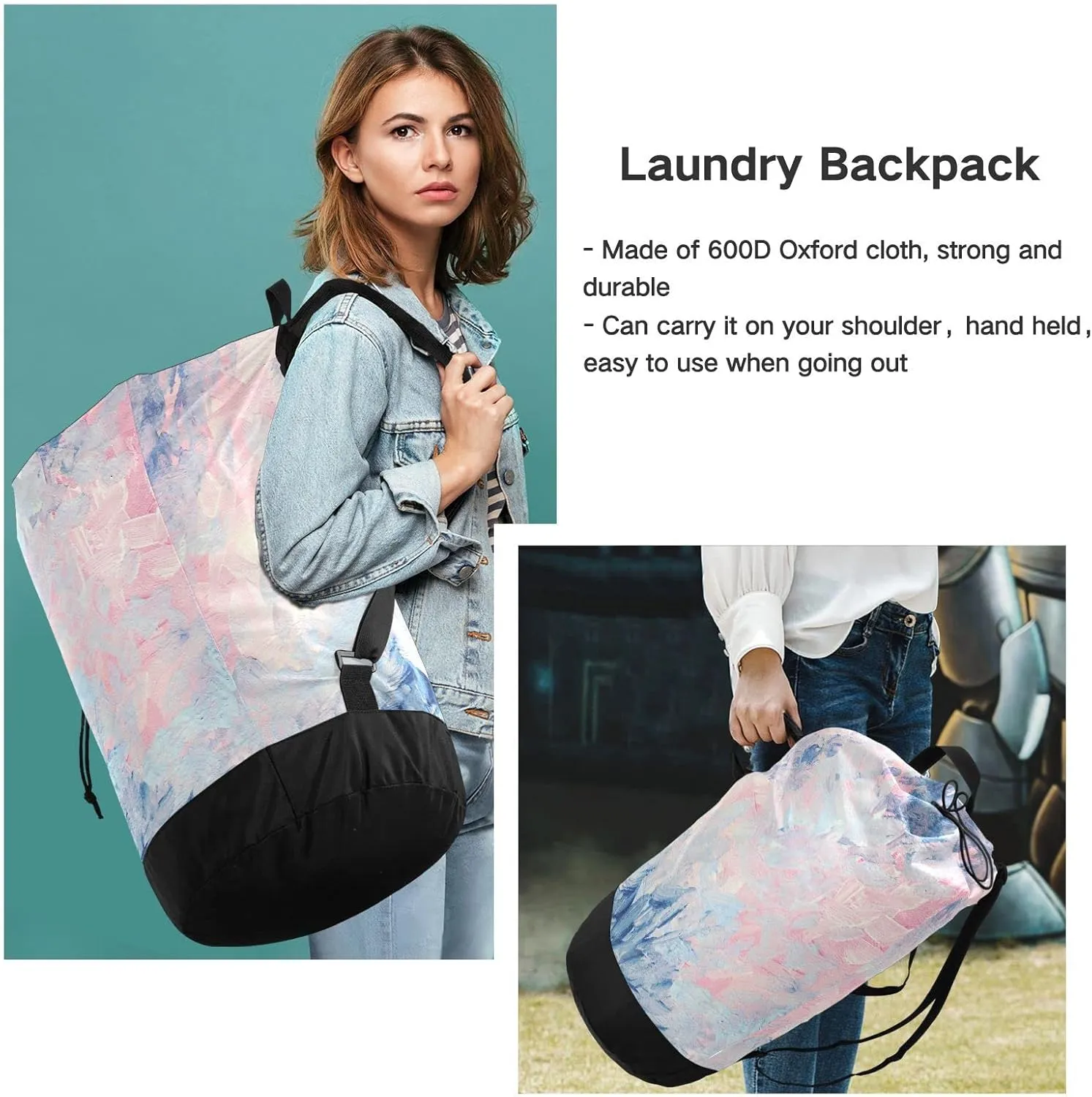 Oyihfvs Abstract Gouache Fantastic Elegance Pink Blue Abstract Hand Paint Backpack Laundry Bag, Laundry Backpack with Shoulder Straps, Waterproof Nylon Clothes Hamper Bag for Men Women Yoga Backpack