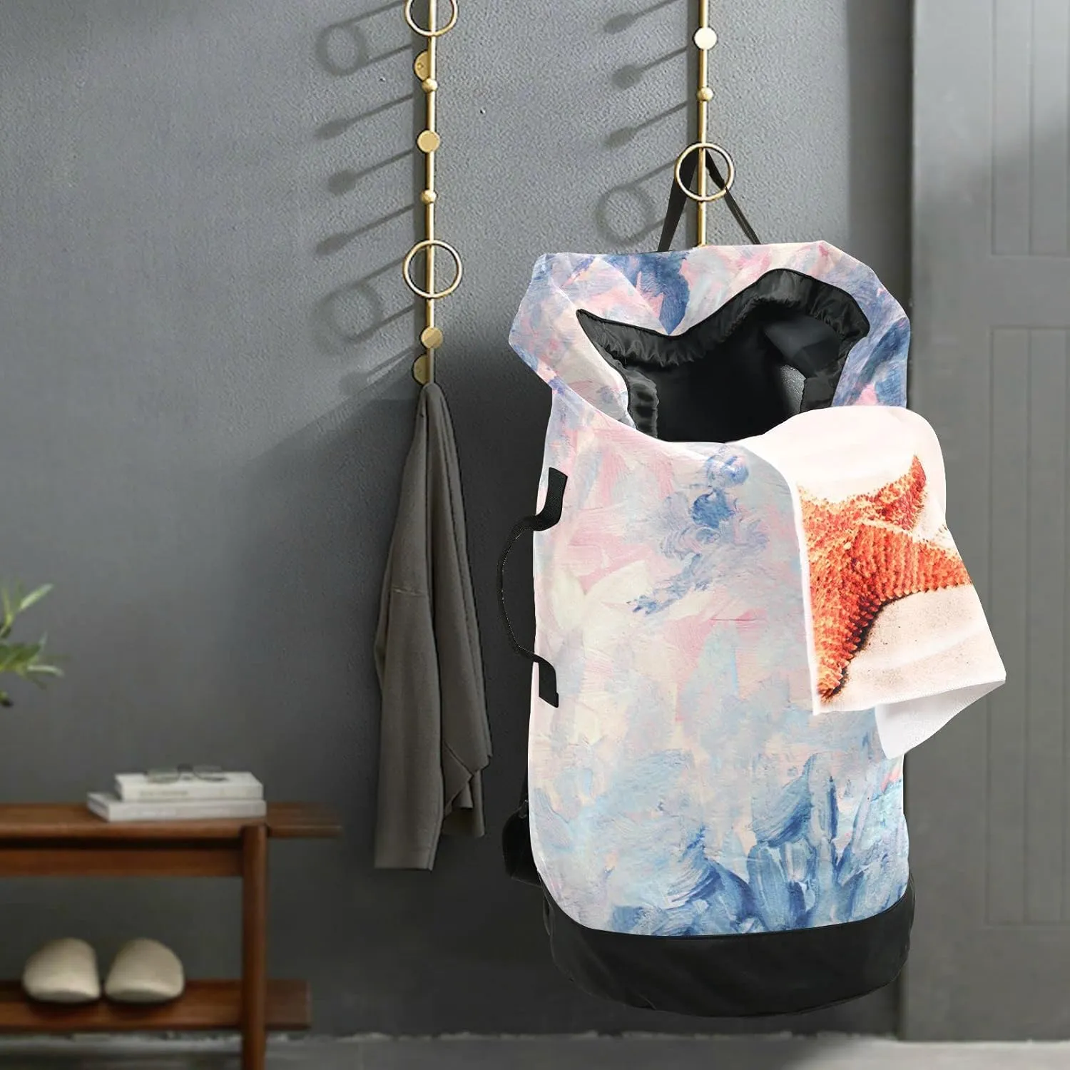 Oyihfvs Abstract Gouache Fantastic Elegance Pink Blue Abstract Hand Paint Backpack Laundry Bag, Laundry Backpack with Shoulder Straps, Waterproof Nylon Clothes Hamper Bag for Men Women Yoga Backpack