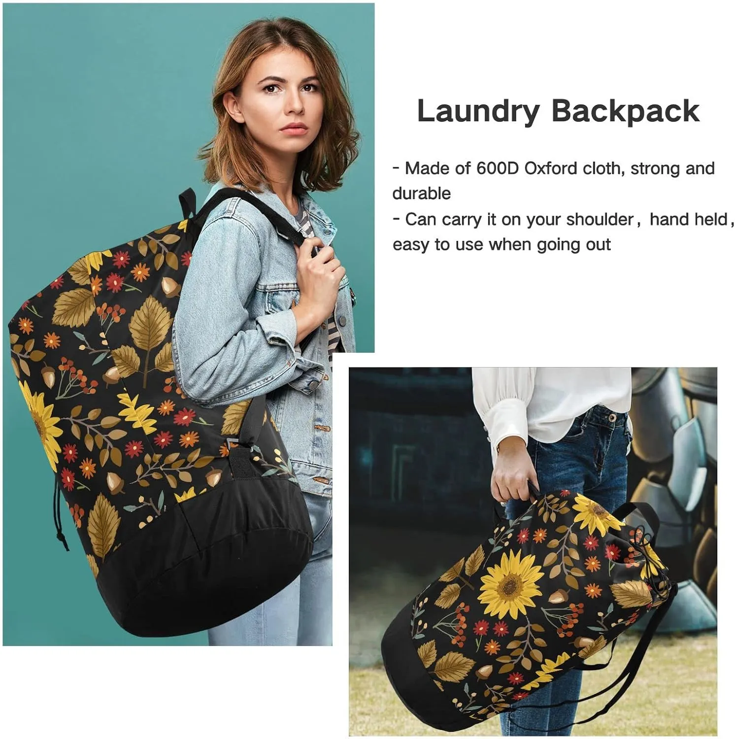 Oyihfvs Autumn Yellow Sunflower Maple Leaves Berries Branches on Dark Backpack Laundry Bag, Laundry Backpack with Shoulder Straps, Waterproof Nylon Clothes Hamper Bag for Men Women Yoga Backpack