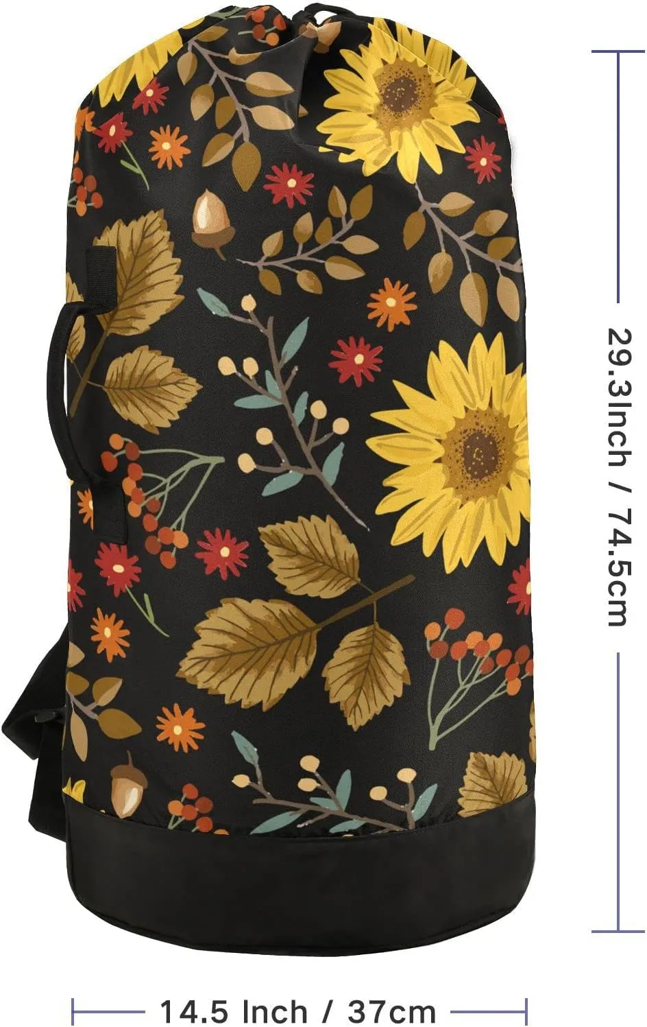 Oyihfvs Autumn Yellow Sunflower Maple Leaves Berries Branches on Dark Backpack Laundry Bag, Laundry Backpack with Shoulder Straps, Waterproof Nylon Clothes Hamper Bag for Men Women Yoga Backpack