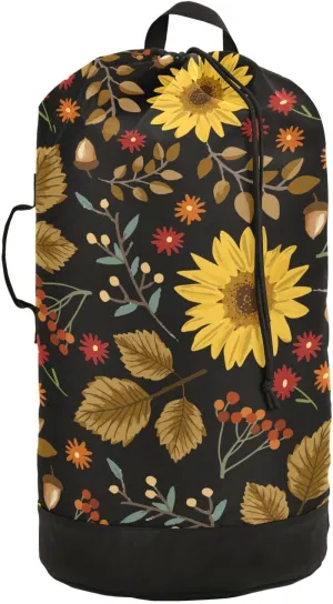 Oyihfvs Autumn Yellow Sunflower Maple Leaves Berries Branches on Dark Backpack Laundry Bag, Laundry Backpack with Shoulder Straps, Waterproof Nylon Clothes Hamper Bag for Men Women Yoga Backpack