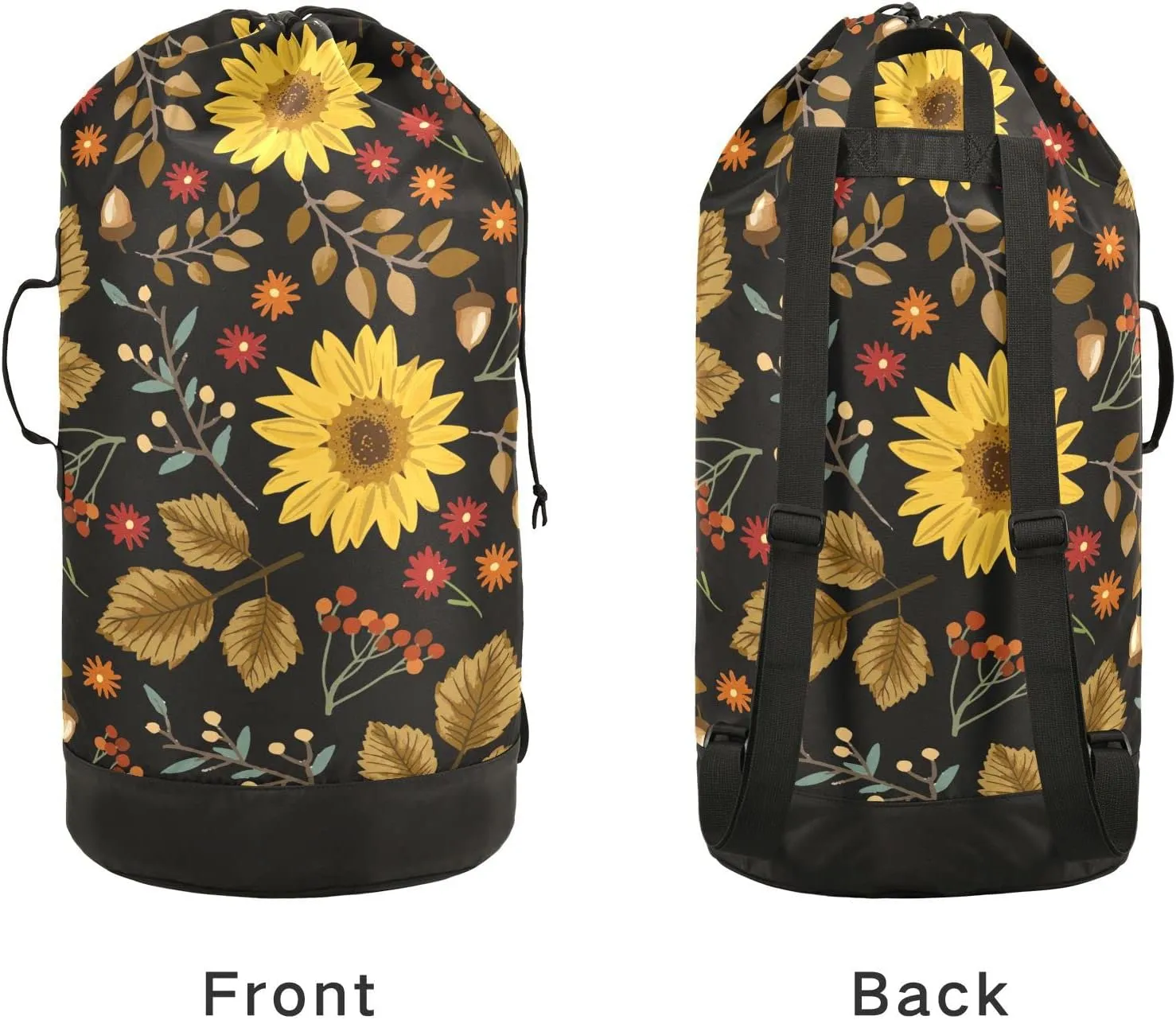 Oyihfvs Autumn Yellow Sunflower Maple Leaves Berries Branches on Dark Backpack Laundry Bag, Laundry Backpack with Shoulder Straps, Waterproof Nylon Clothes Hamper Bag for Men Women Yoga Backpack
