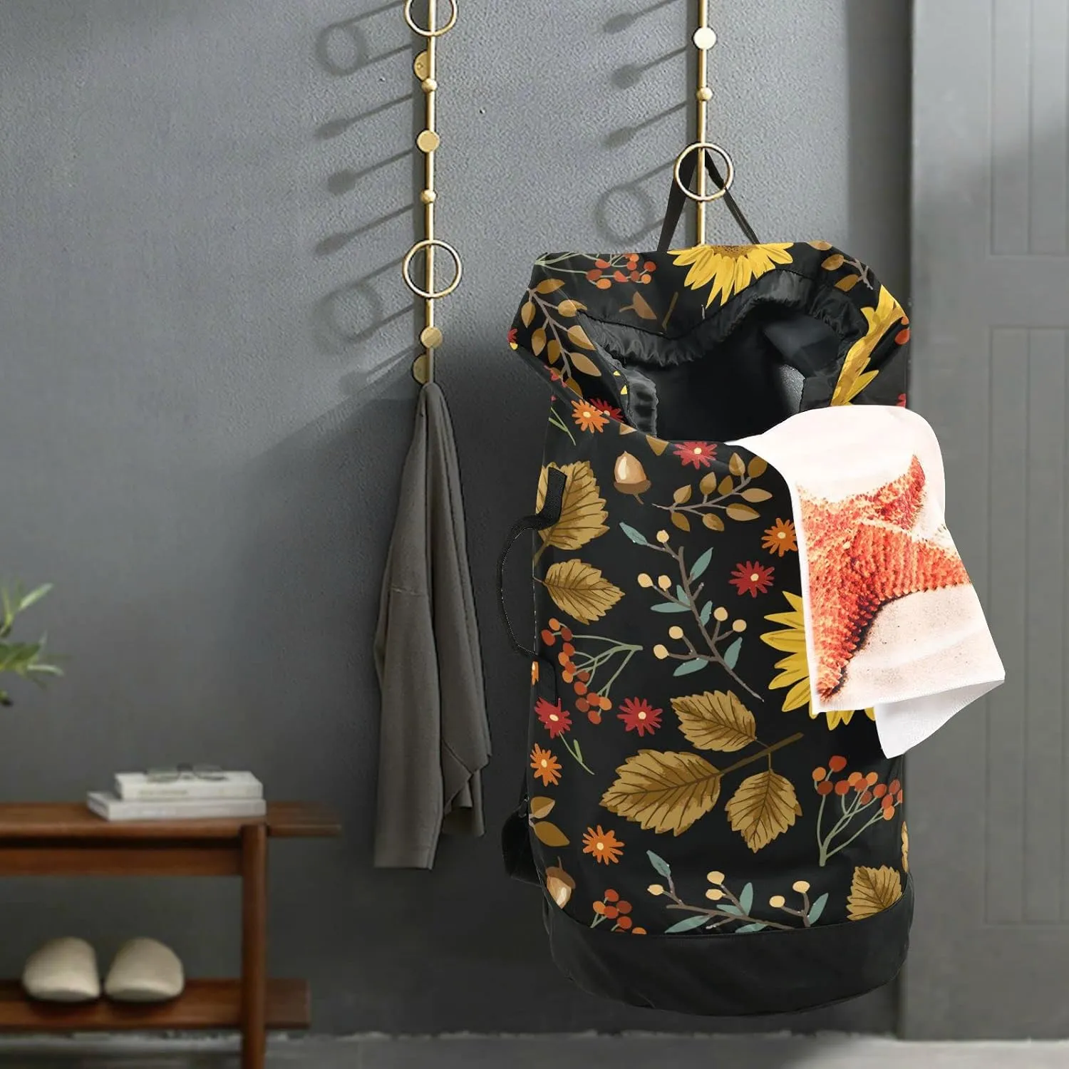 Oyihfvs Autumn Yellow Sunflower Maple Leaves Berries Branches on Dark Backpack Laundry Bag, Laundry Backpack with Shoulder Straps, Waterproof Nylon Clothes Hamper Bag for Men Women Yoga Backpack