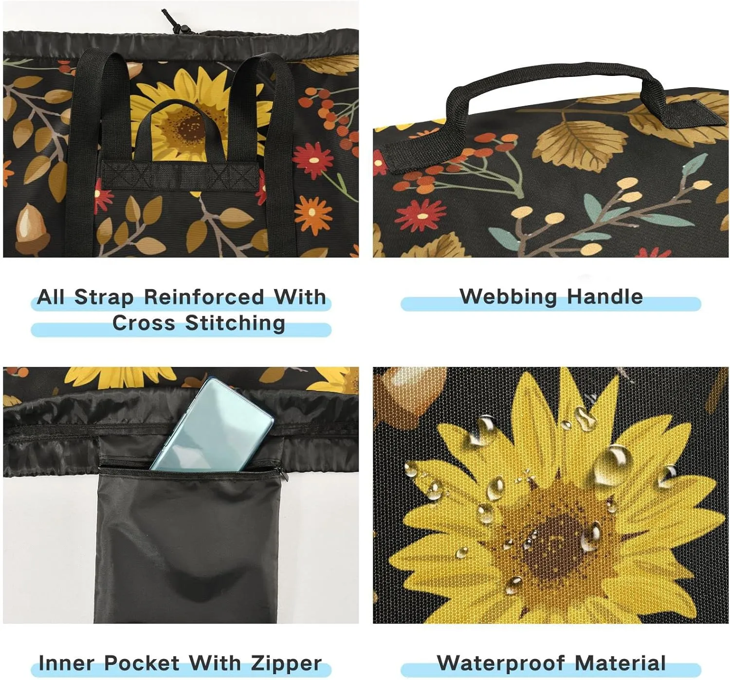 Oyihfvs Autumn Yellow Sunflower Maple Leaves Berries Branches on Dark Backpack Laundry Bag, Laundry Backpack with Shoulder Straps, Waterproof Nylon Clothes Hamper Bag for Men Women Yoga Backpack