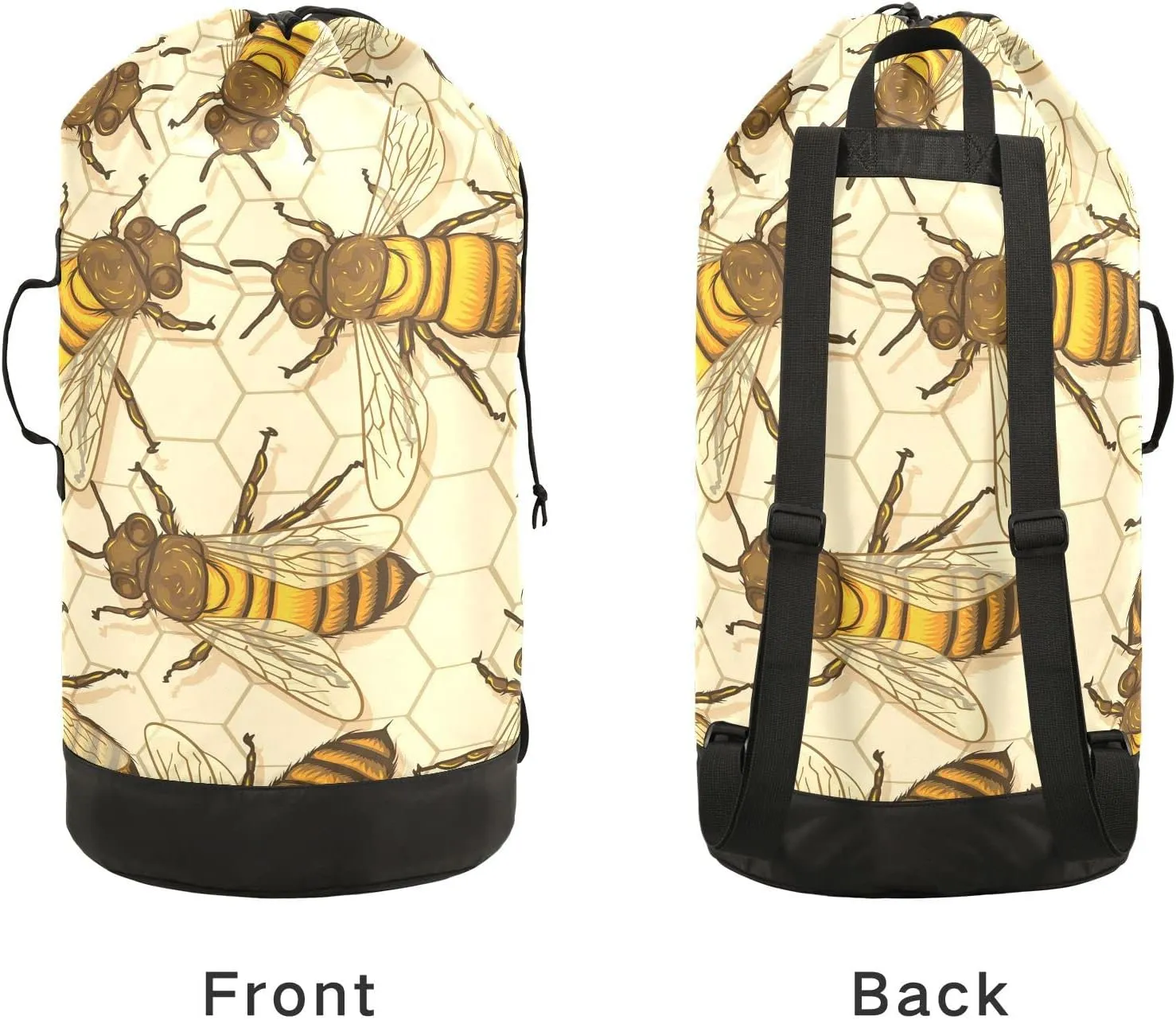 Oyihfvs Big Honey Bees in a Honeycomb Humble Bee Seamless Backpack Laundry Bag, Laundry Backpack with Shoulder Straps, Waterproof Nylon Clothes Hamper Bag for Men Women Yoga Backpack