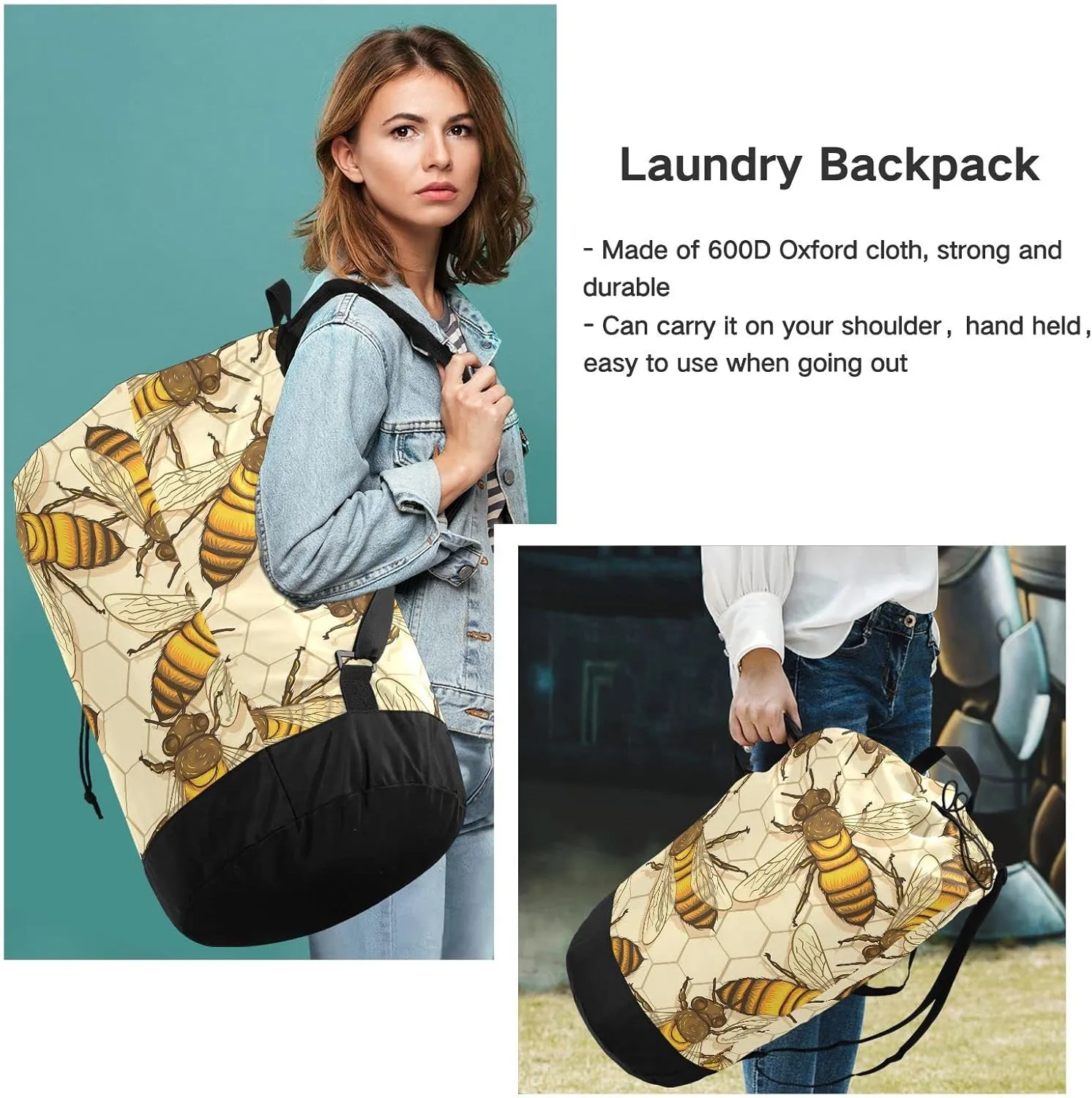 Oyihfvs Big Honey Bees in a Honeycomb Humble Bee Seamless Backpack Laundry Bag, Laundry Backpack with Shoulder Straps, Waterproof Nylon Clothes Hamper Bag for Men Women Yoga Backpack