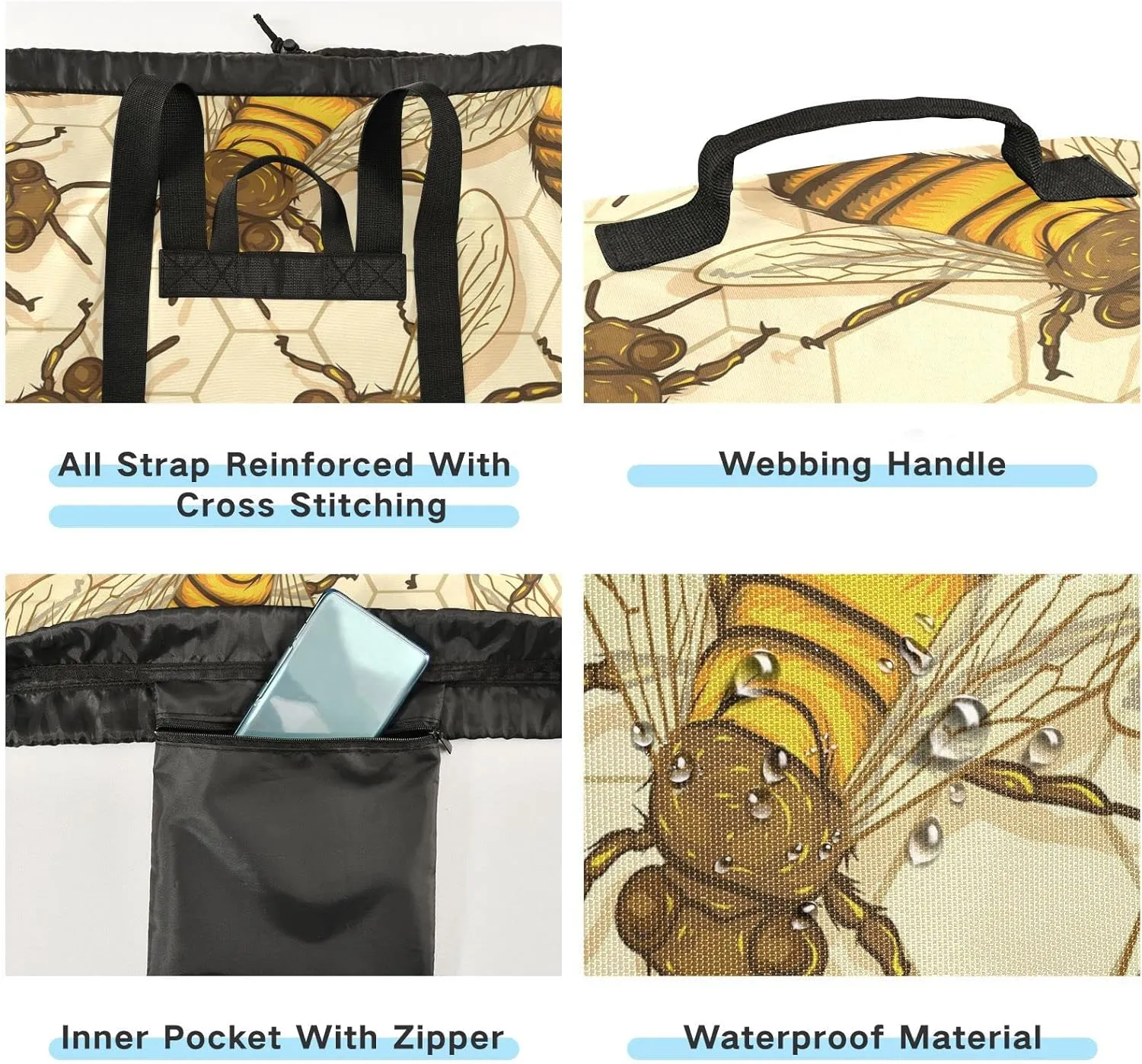 Oyihfvs Big Honey Bees in a Honeycomb Humble Bee Seamless Backpack Laundry Bag, Laundry Backpack with Shoulder Straps, Waterproof Nylon Clothes Hamper Bag for Men Women Yoga Backpack
