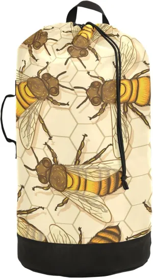 Oyihfvs Big Honey Bees in a Honeycomb Humble Bee Seamless Backpack Laundry Bag, Laundry Backpack with Shoulder Straps, Waterproof Nylon Clothes Hamper Bag for Men Women Yoga Backpack