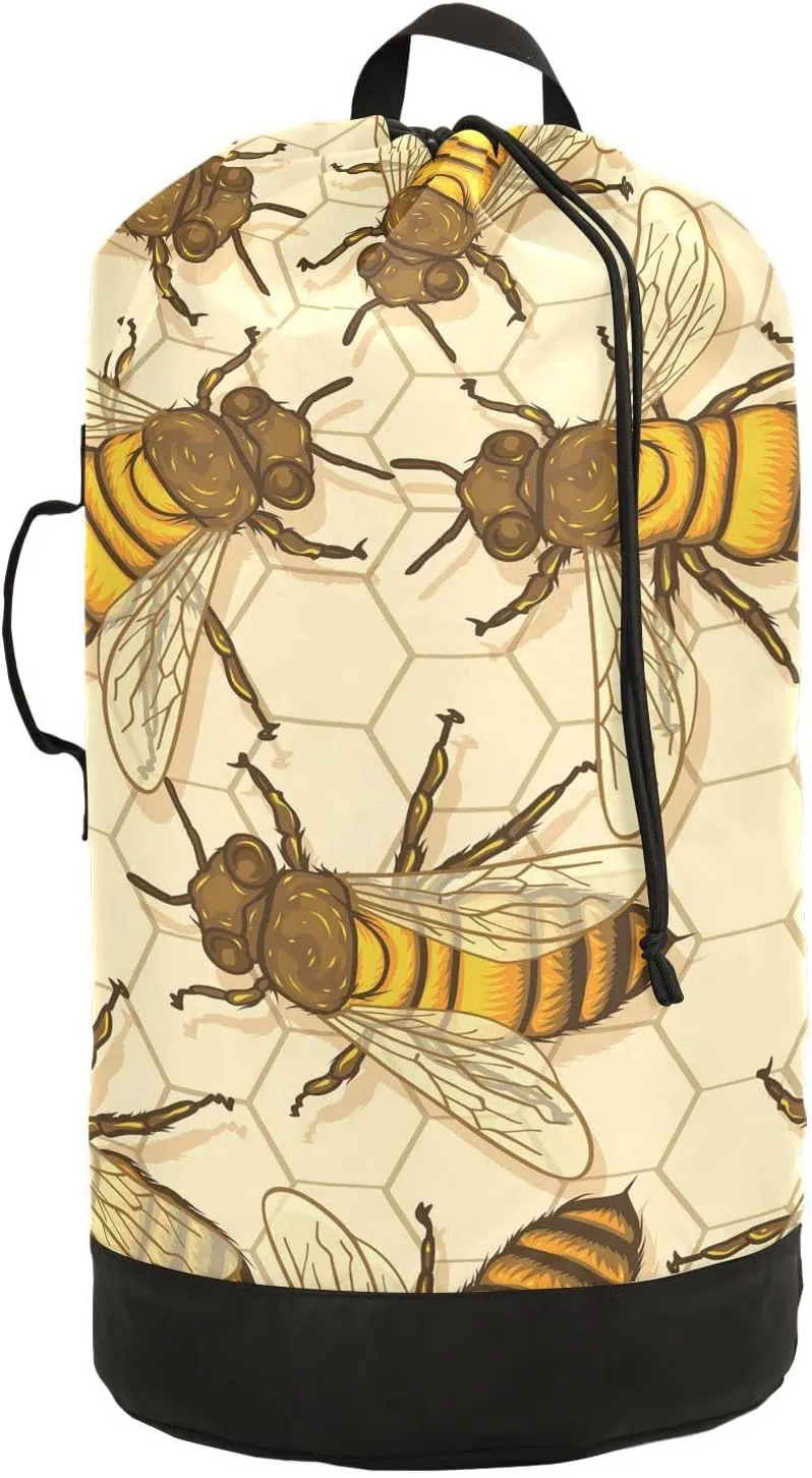 Oyihfvs Big Honey Bees in a Honeycomb Humble Bee Seamless Backpack Laundry Bag, Laundry Backpack with Shoulder Straps, Waterproof Nylon Clothes Hamper Bag for Men Women Yoga Backpack