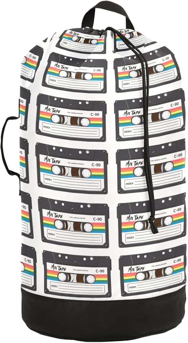 Oyihfvs Cassette Retro Labels 80s Retro Texture Backpack Laundry Bag, Laundry Backpack with Shoulder Straps, Waterproof Nylon Clothes Hamper Bag for Men Women Yoga Backpack