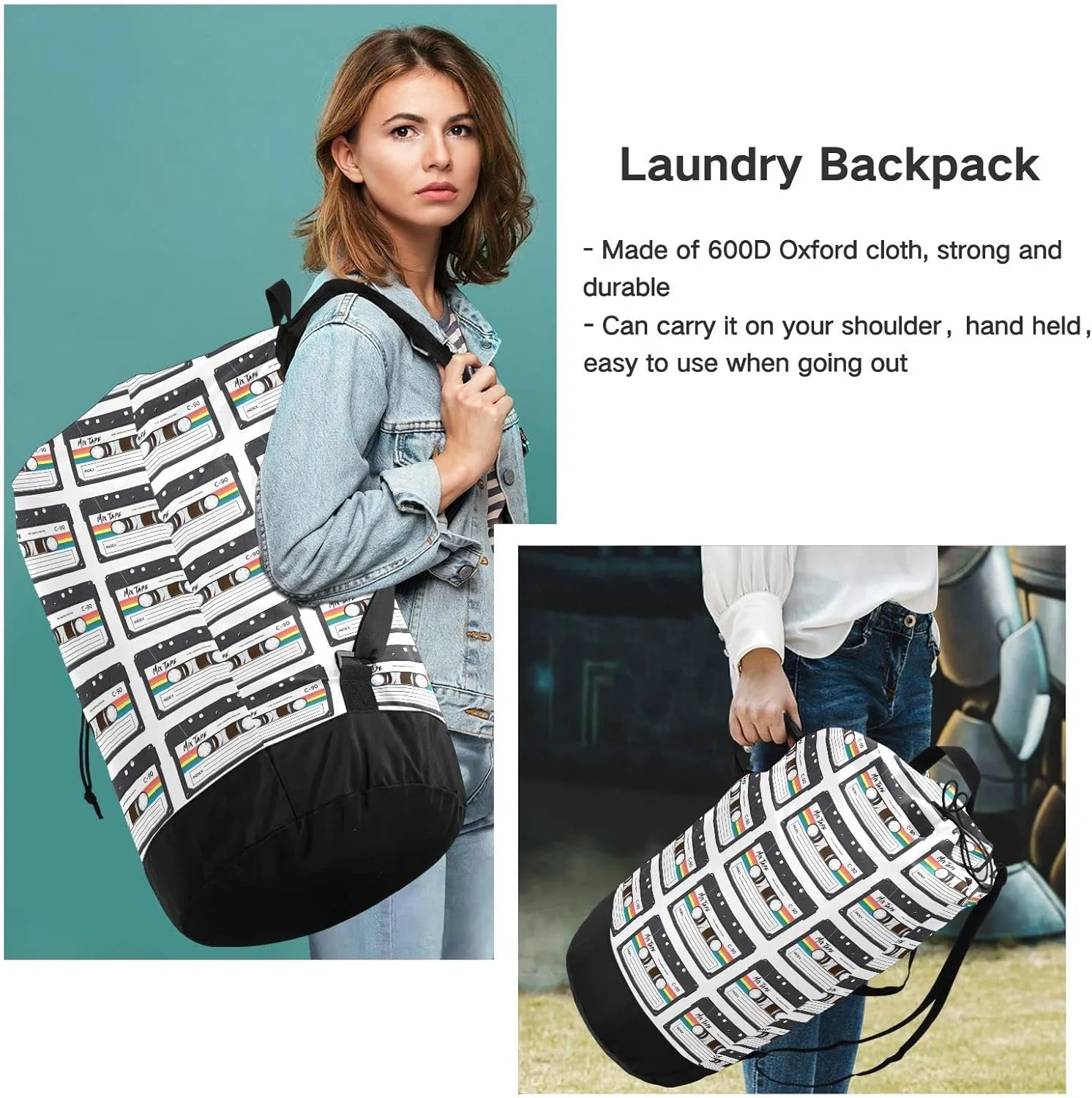 Oyihfvs Cassette Retro Labels 80s Retro Texture Backpack Laundry Bag, Laundry Backpack with Shoulder Straps, Waterproof Nylon Clothes Hamper Bag for Men Women Yoga Backpack