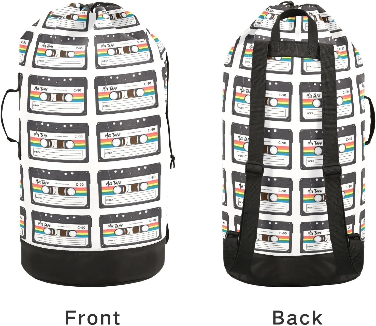 Oyihfvs Cassette Retro Labels 80s Retro Texture Backpack Laundry Bag, Laundry Backpack with Shoulder Straps, Waterproof Nylon Clothes Hamper Bag for Men Women Yoga Backpack