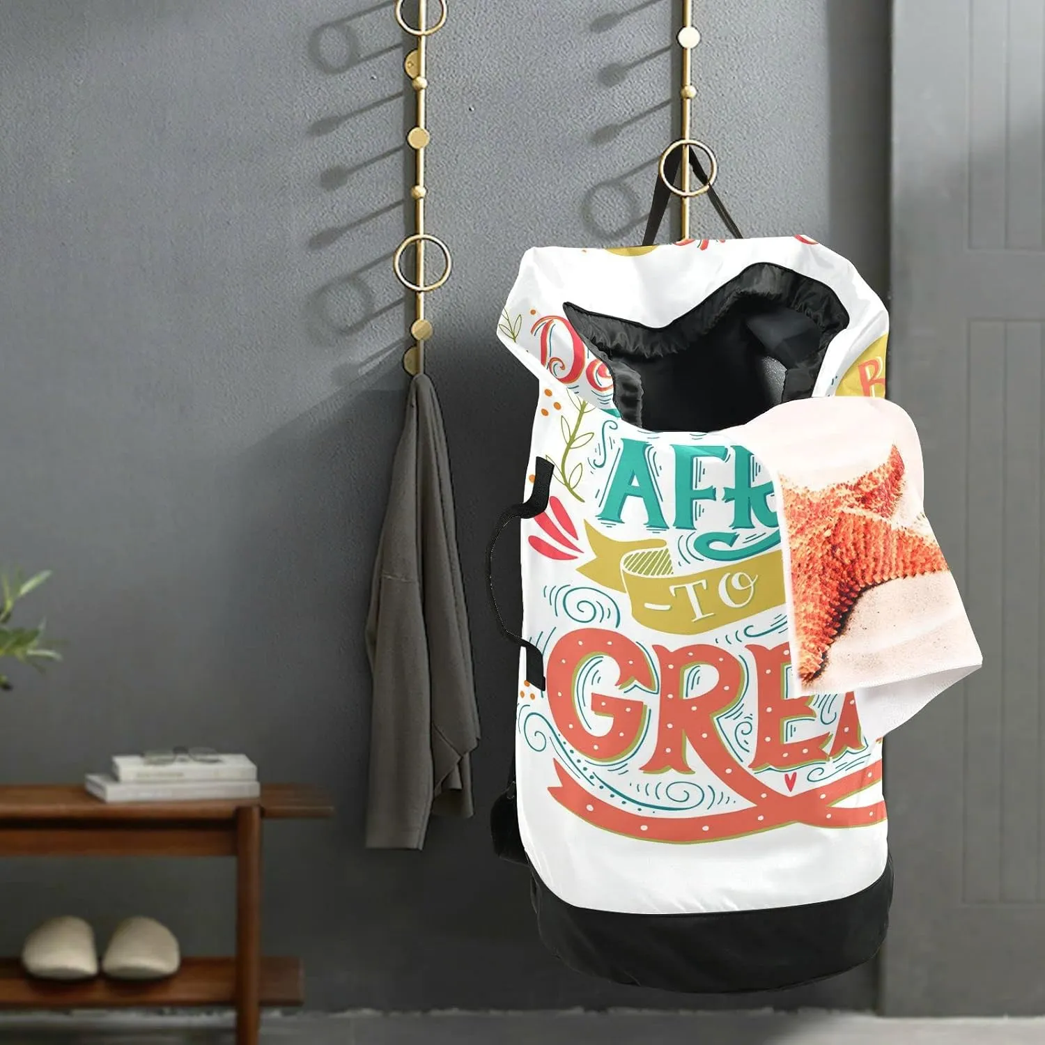 Oyihfvs Colorful Don't be Afraid to be Great Backpack Laundry Bag, Laundry Backpack with Shoulder Straps, Waterproof Nylon Clothes Hamper Bag for Men Women Yoga Backpack