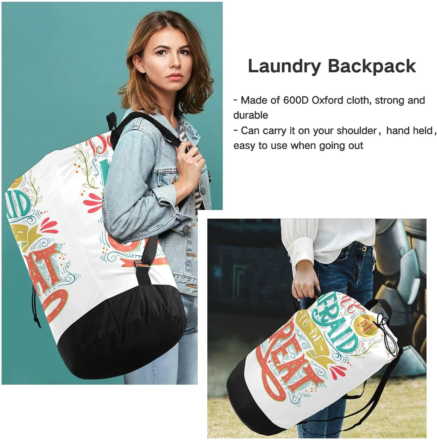 Oyihfvs Colorful Don't be Afraid to be Great Backpack Laundry Bag, Laundry Backpack with Shoulder Straps, Waterproof Nylon Clothes Hamper Bag for Men Women Yoga Backpack