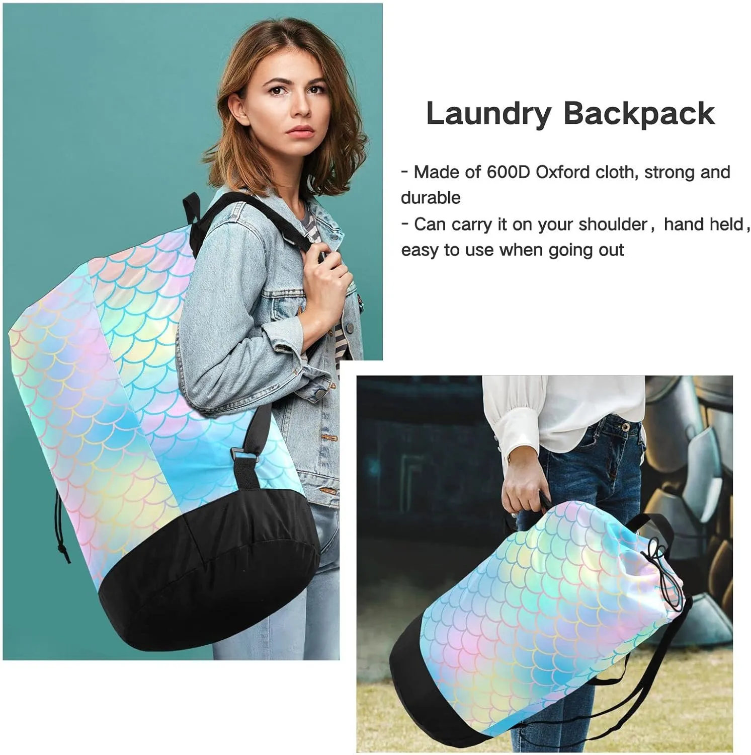 Oyihfvs Colorful Fish Scales Magic Blue Pink Turquoise Mermaid Tail Scales Backpack Laundry Bag, Laundry Backpack with Shoulder Straps, Waterproof Nylon Clothes Hamper Bag for Men Women Yoga Backpack